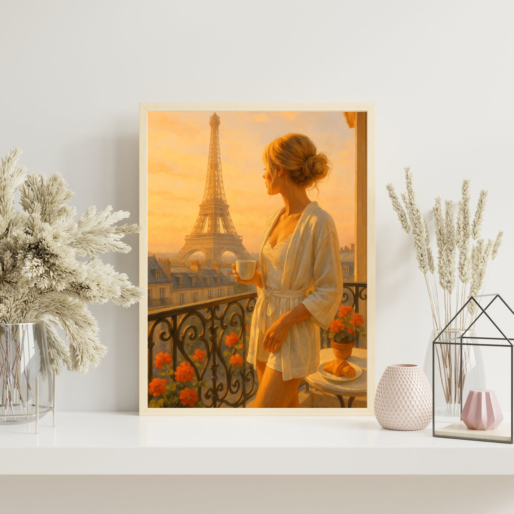 Parisian Morning Wall Art | Eiffel Tower View with Elegant Woman & Coffee | Digital Printable Art