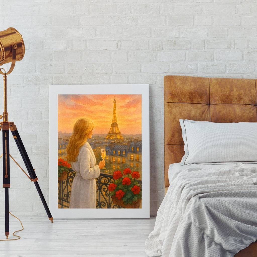 Golden Hour Paris Wall Art | Eiffel Tower Balcony View | Champagne Sunset Print