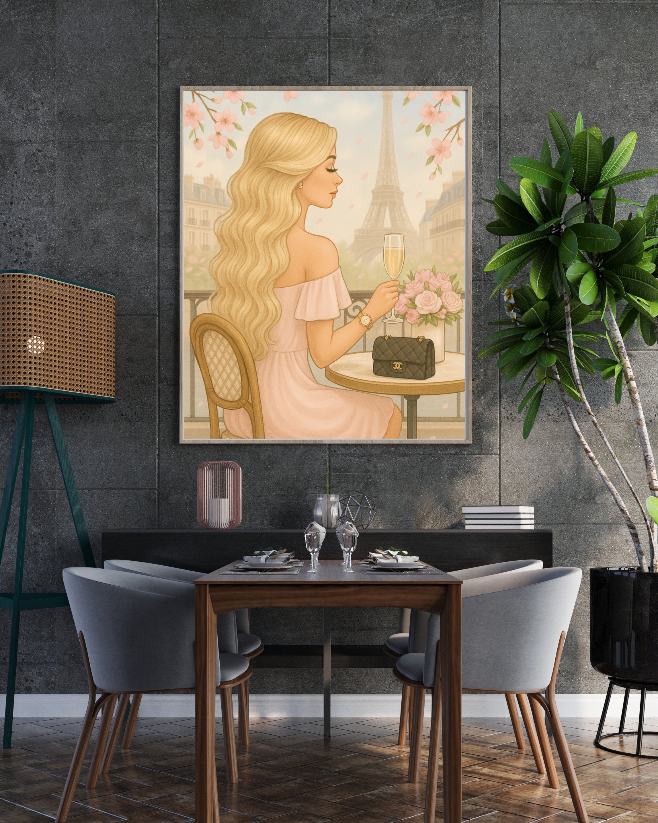 Paris Café Wall Art – Elegant Blonde Woman with Coffee & Croissant | Feminine French Chic Digital Print