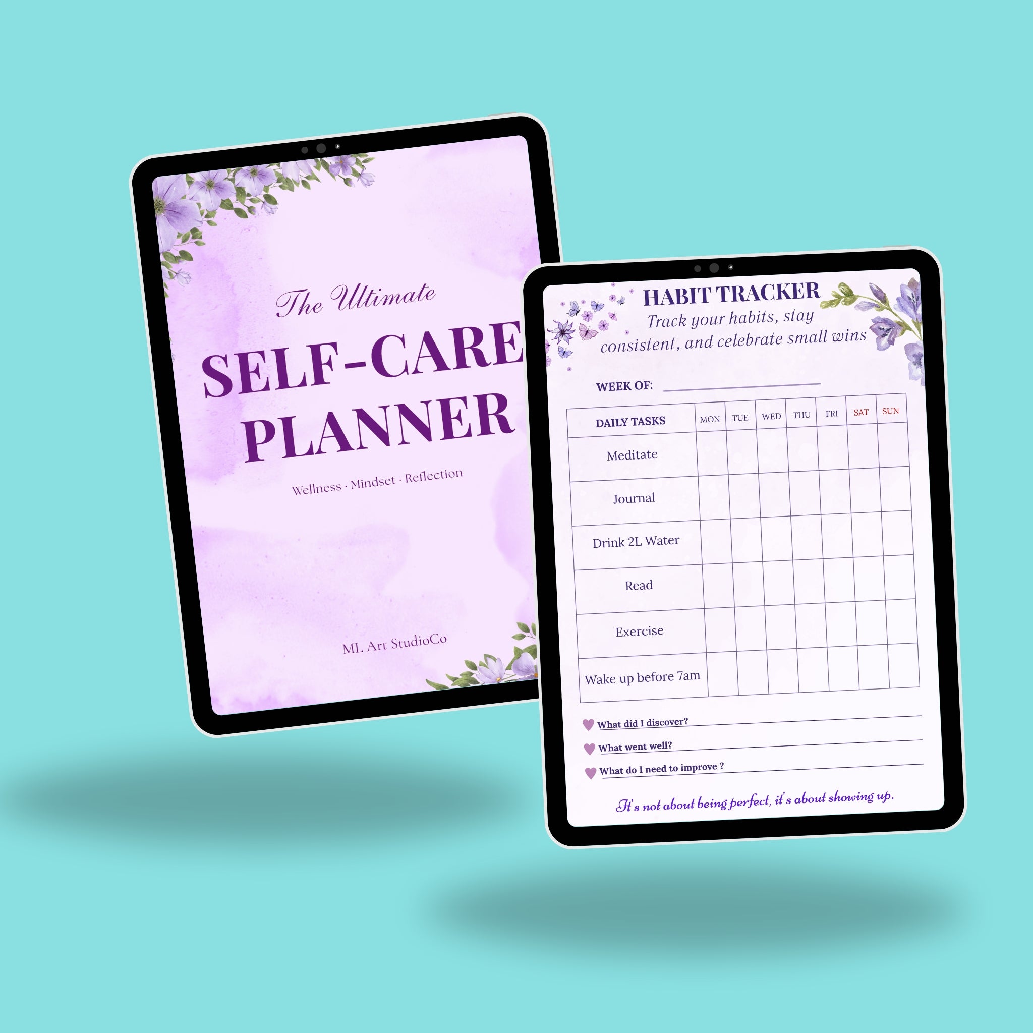 Two tablets displaying a self-care planner and habit tracker on a teal background