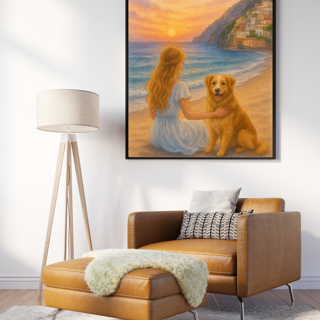 Living room with a brown leather sofa, lamp, and painting of a woman and dog on a beach.