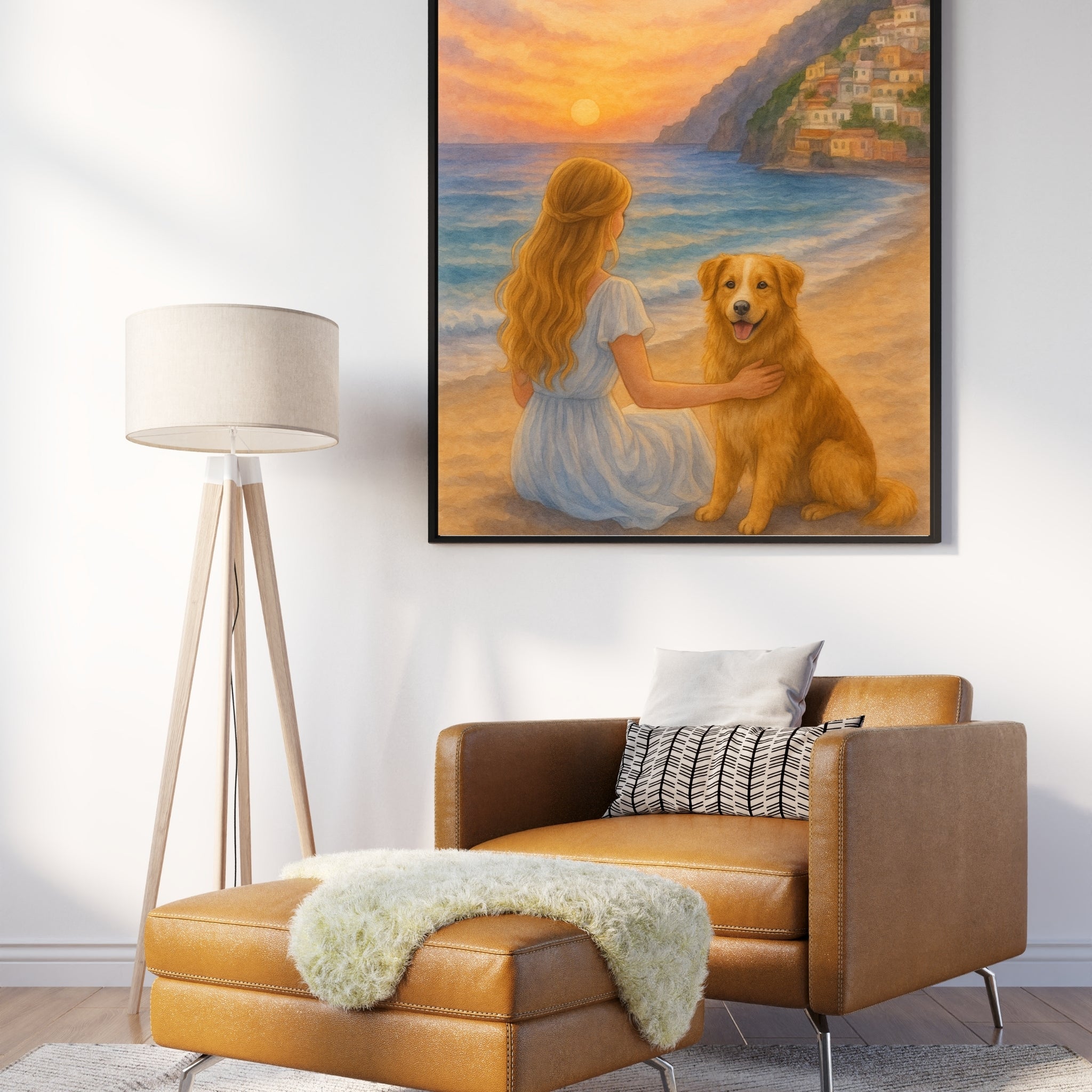 Living room with a brown leather sofa, lamp, and painting of a woman and dog on a beach.
