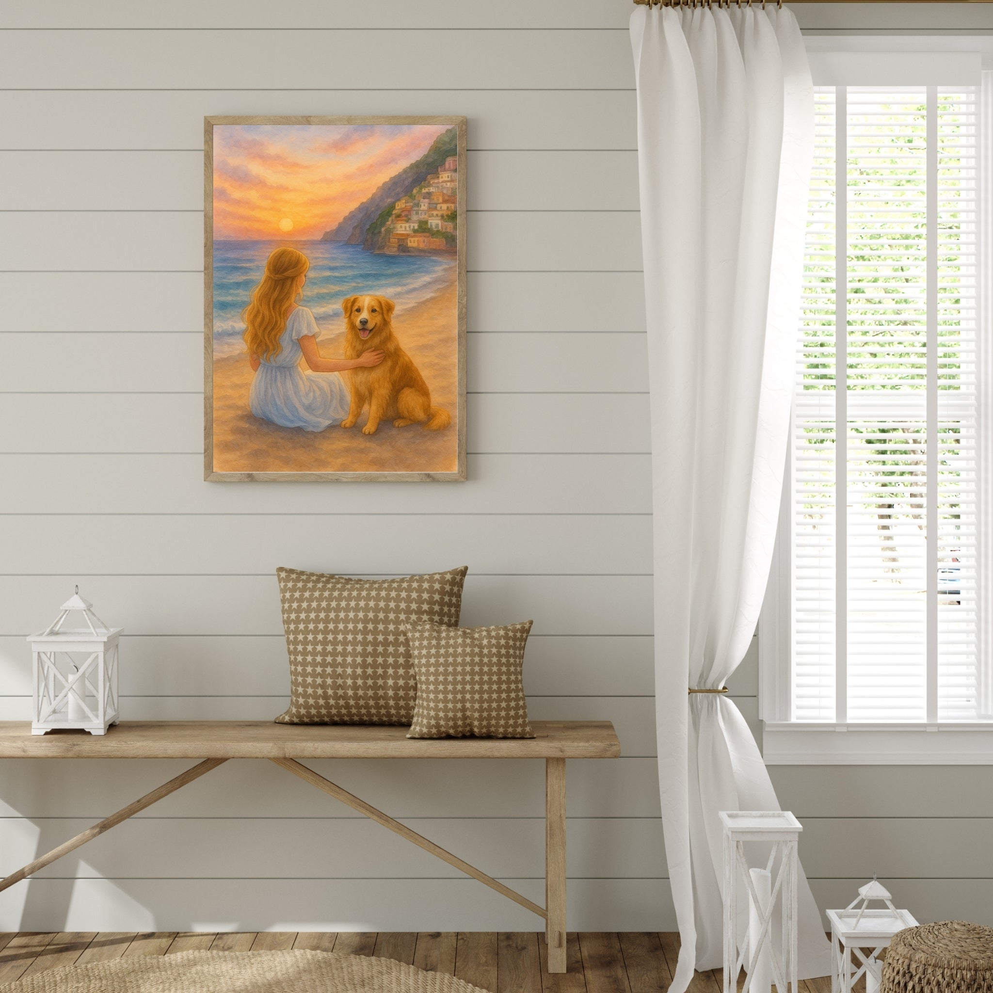Room interior with a painting of a woman and dog by a lake, wooden bench, and window with white curtains.