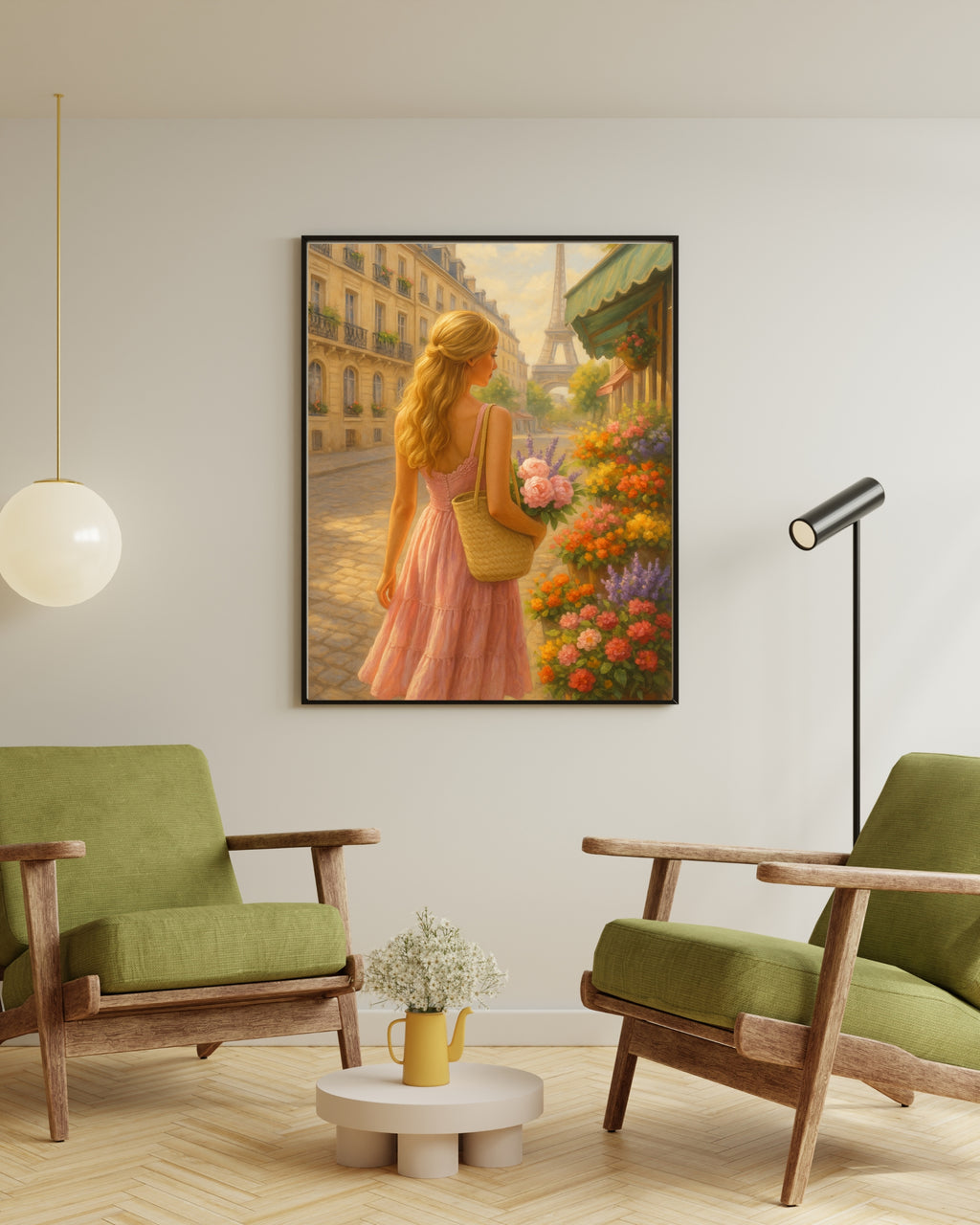 Paris Flower Market Wall Art – Blonde Woman in Pink Dress | Eiffel Tower Printable Decor