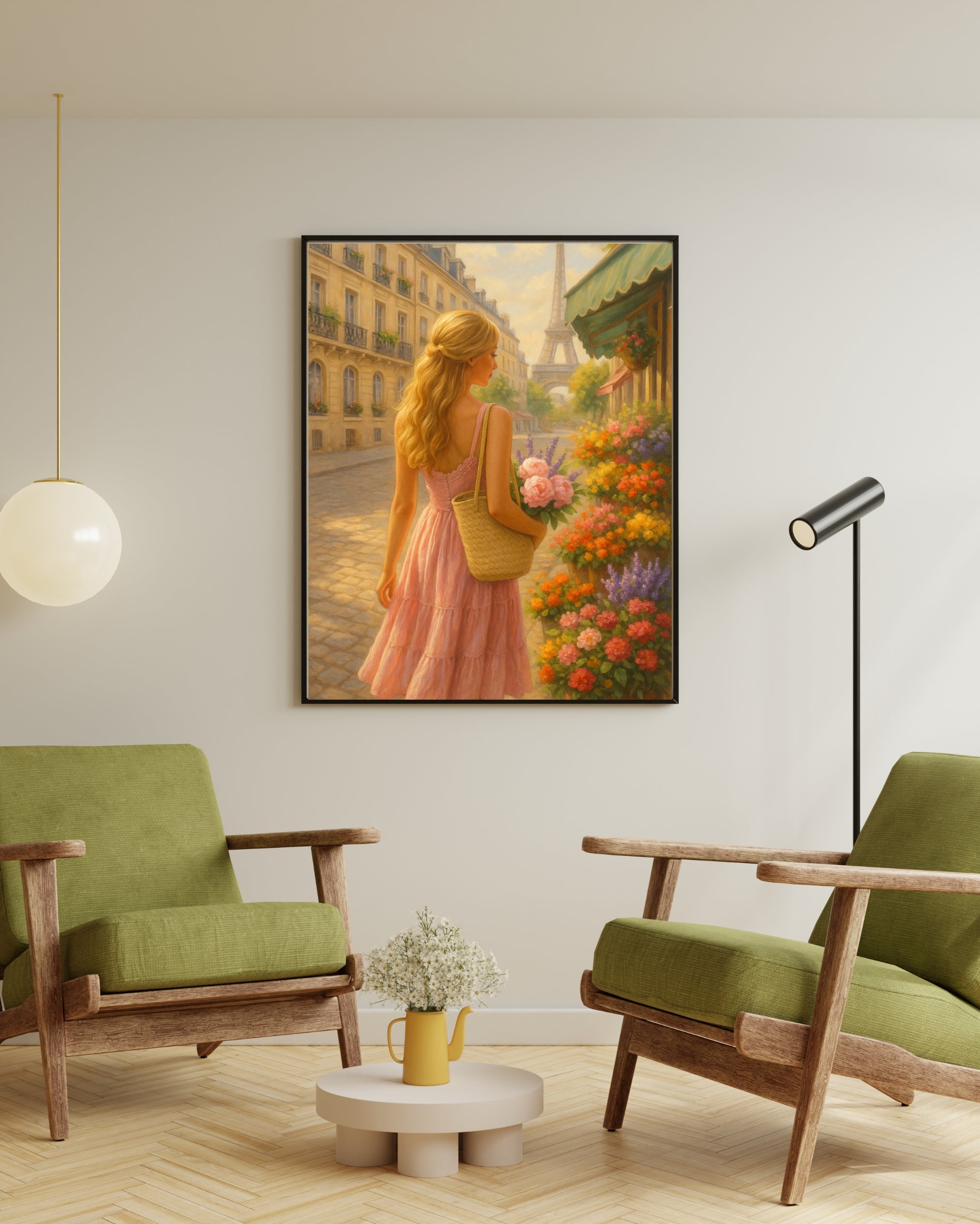 Paris Flower Market Wall Art – Blonde Woman in Pink Dress | Eiffel Tower Printable Decor