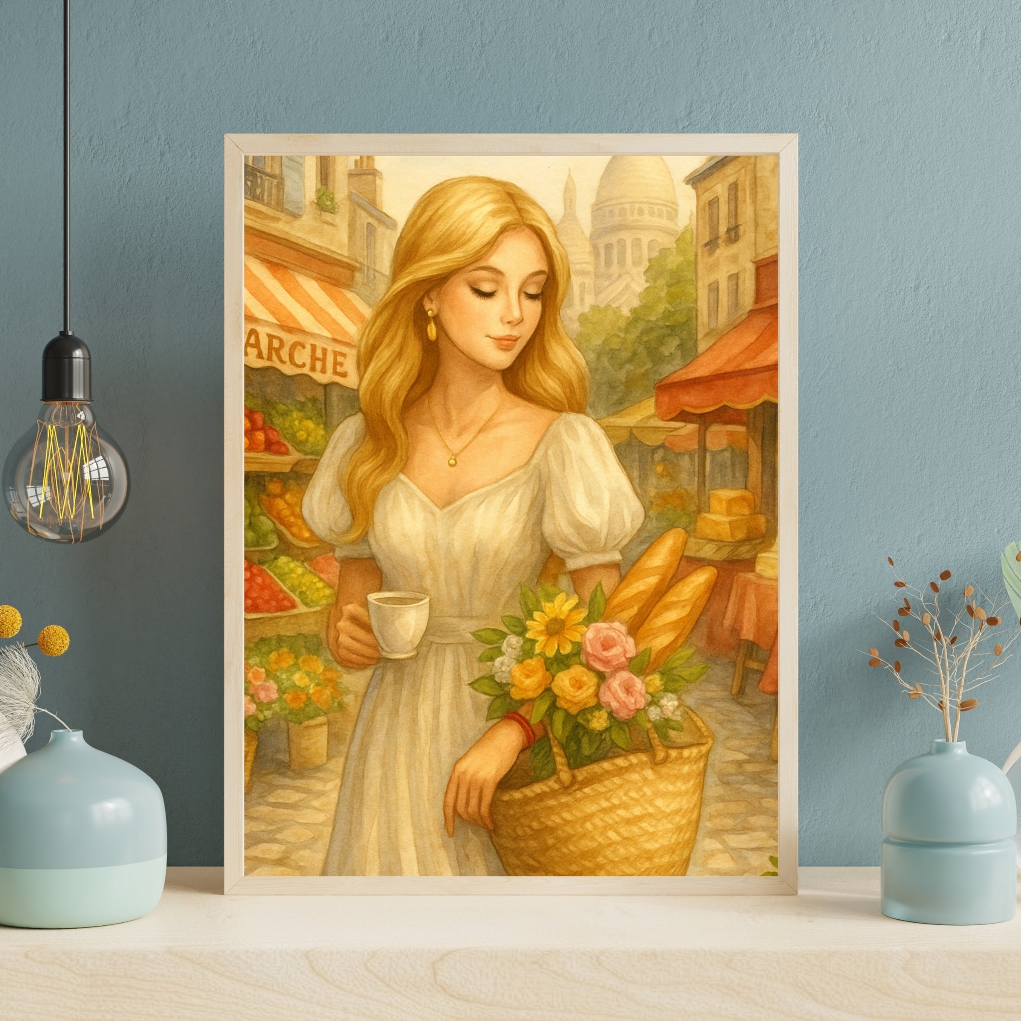 Parisian Market Morning | Blonde Woman with Coffee & Flowers | Romantic French Village Wall Art | Vintage Style Printable