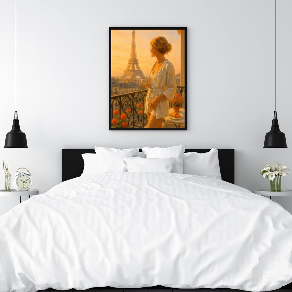 Parisian Morning Wall Art | Eiffel Tower View with Elegant Woman & Coffee | Digital Printable Art