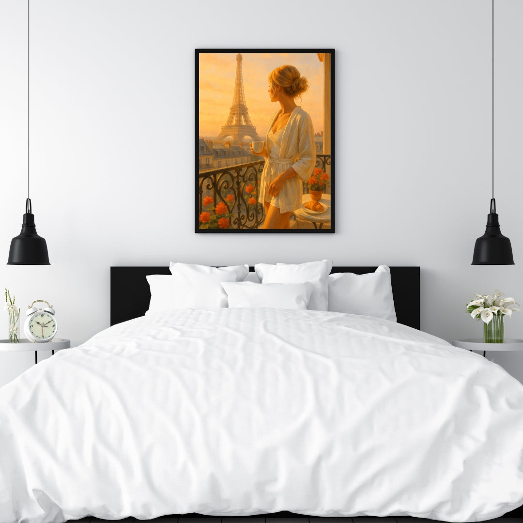 Parisian Morning Wall Art | Eiffel Tower View with Elegant Woman & Coffee | Digital Printable Art