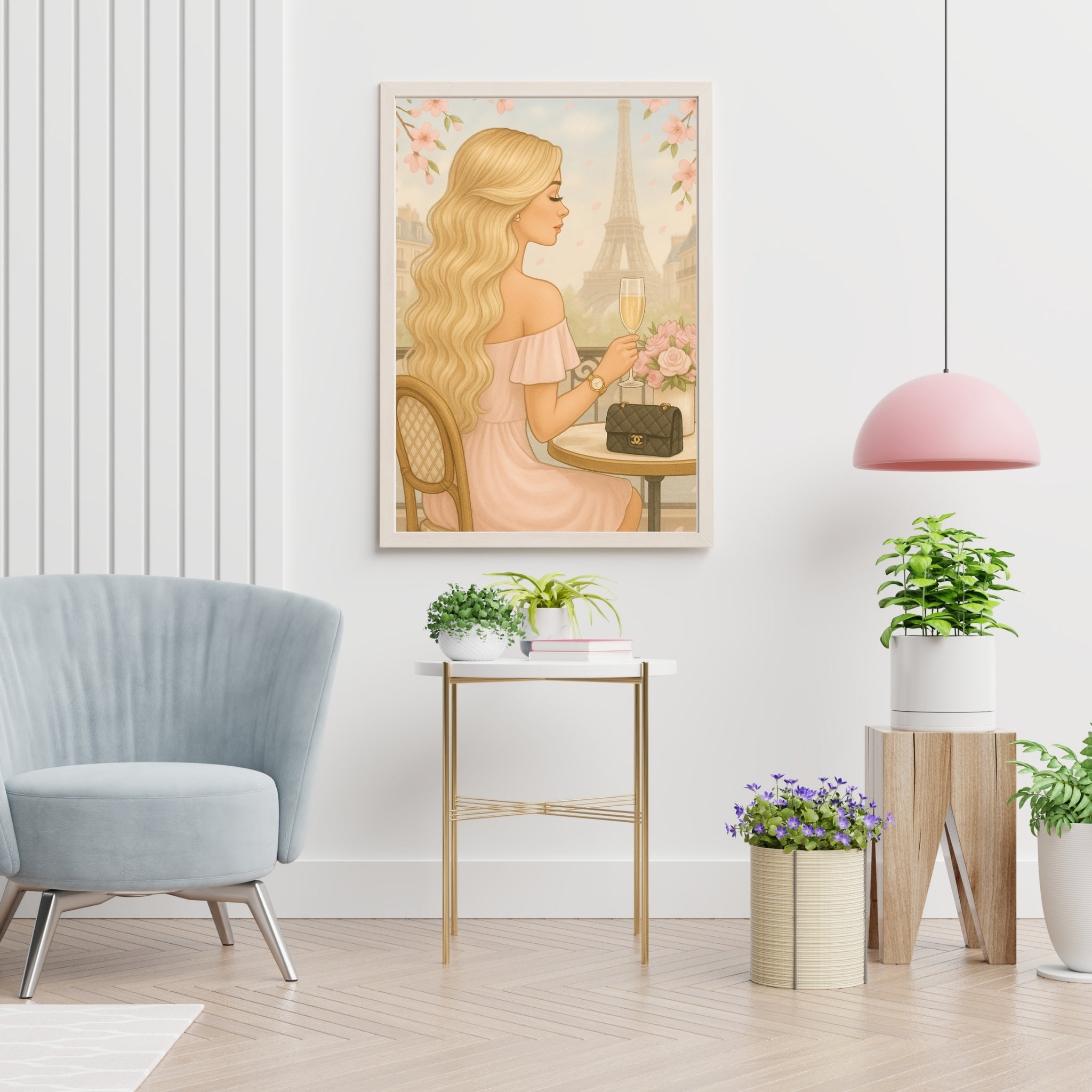 Paris Café Wall Art – Elegant Blonde Woman with Coffee & Croissant | Feminine French Chic Digital Print