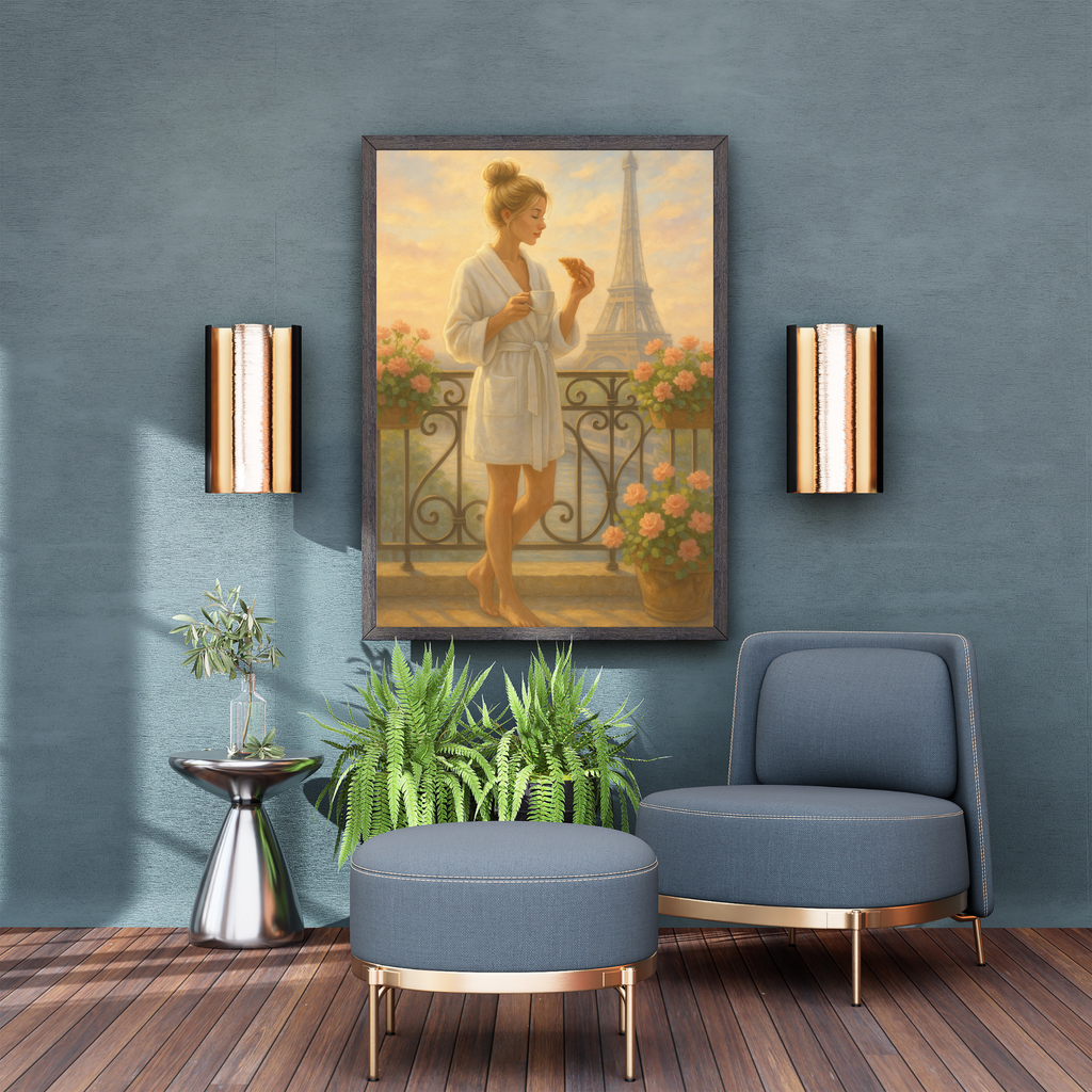Modern living room with a blue armchair, ottoman, and wall art of a woman by the Eiffel Tower.
