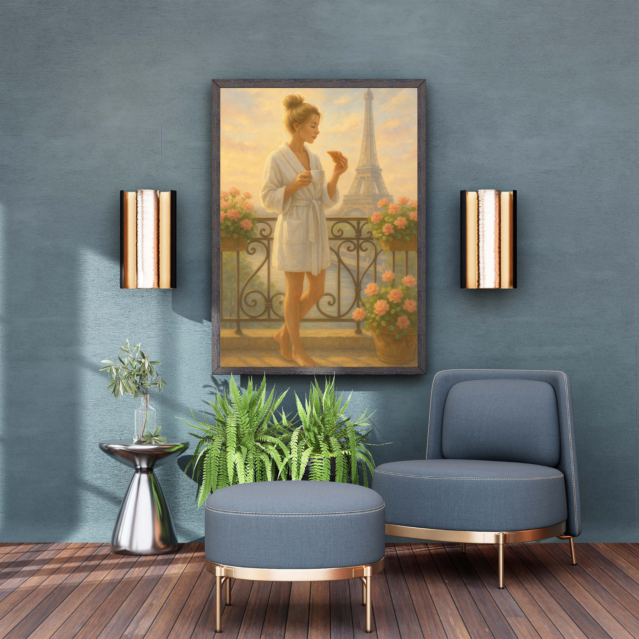 Modern living room with a blue armchair, ottoman, and wall art of a woman by the Eiffel Tower.