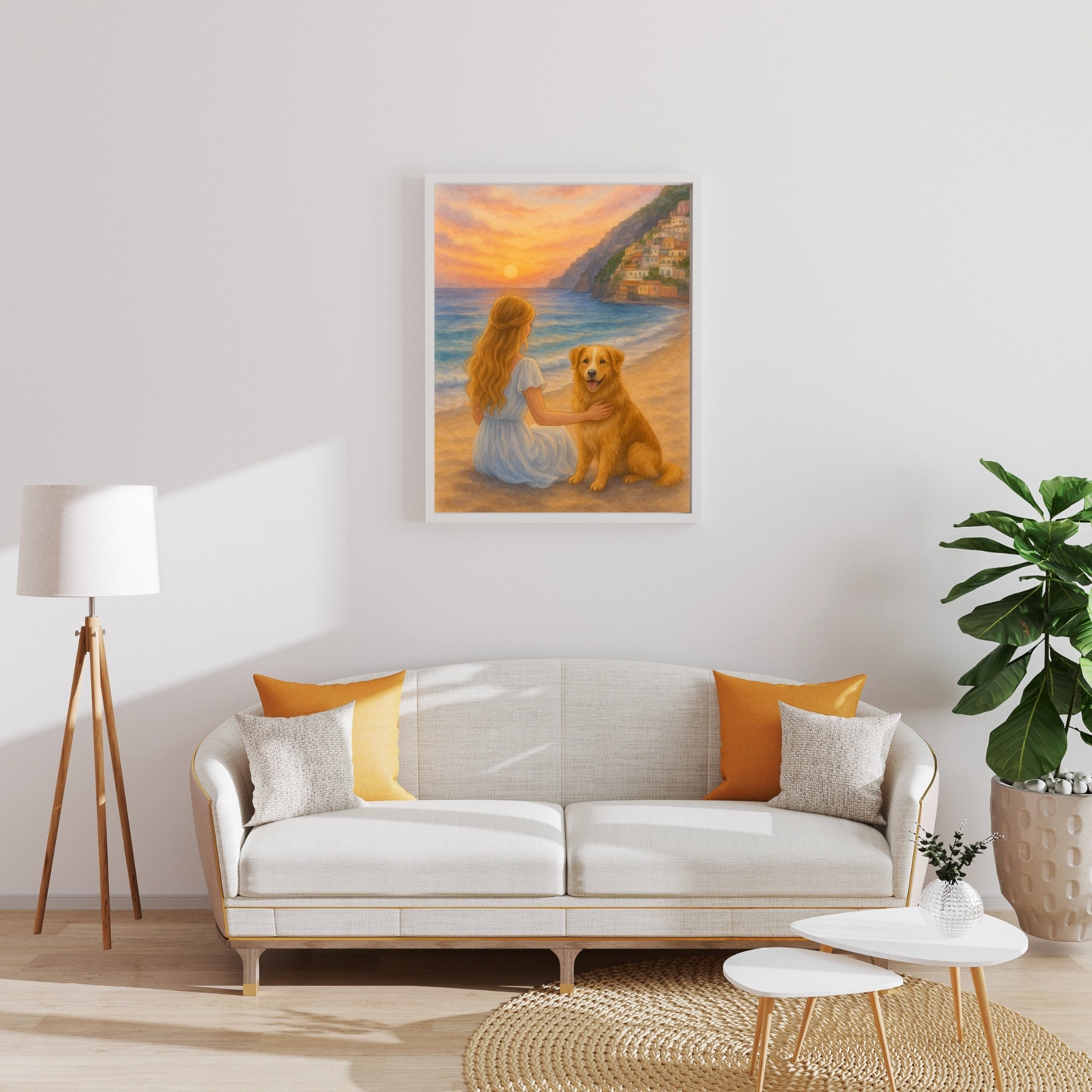 Living room with a white sofa, decorative pillows, a lamp, and a painting of a woman and dog by a beach.