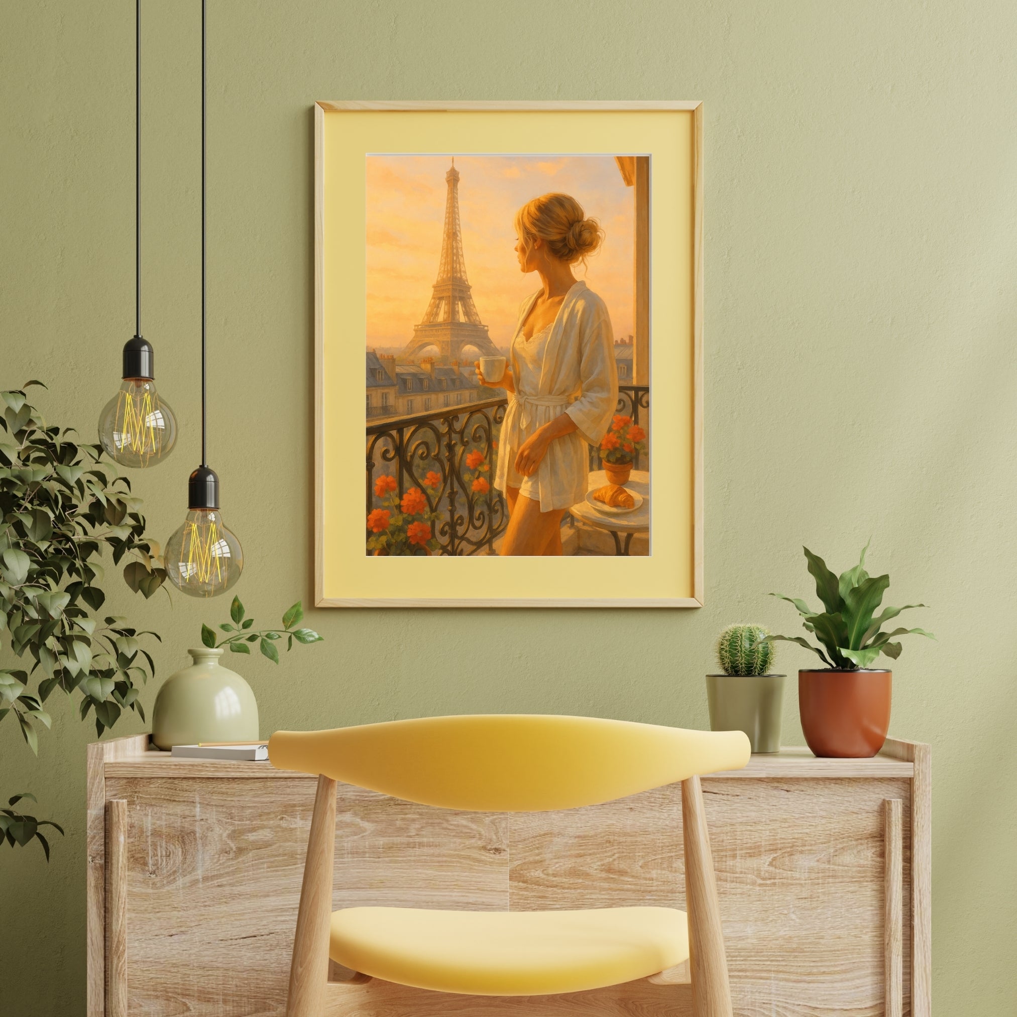 Parisian Morning Wall Art | Eiffel Tower View with Elegant Woman & Coffee | Digital Printable Art
