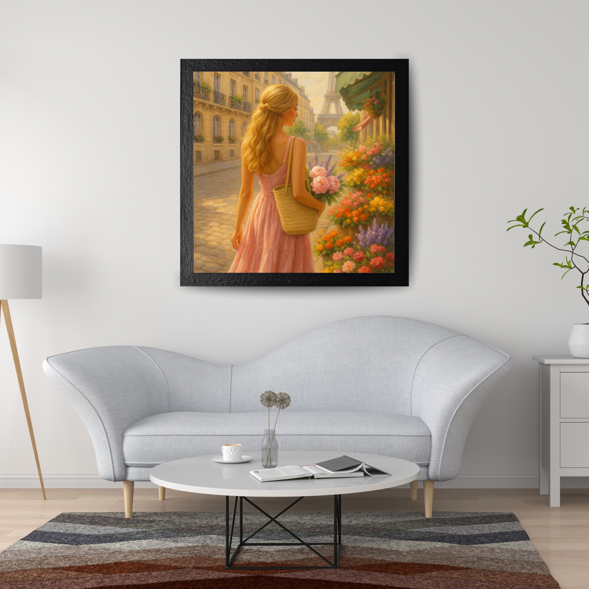 Paris Flower Market Wall Art – Blonde Woman in Pink Dress | Eiffel Tower Printable Decor