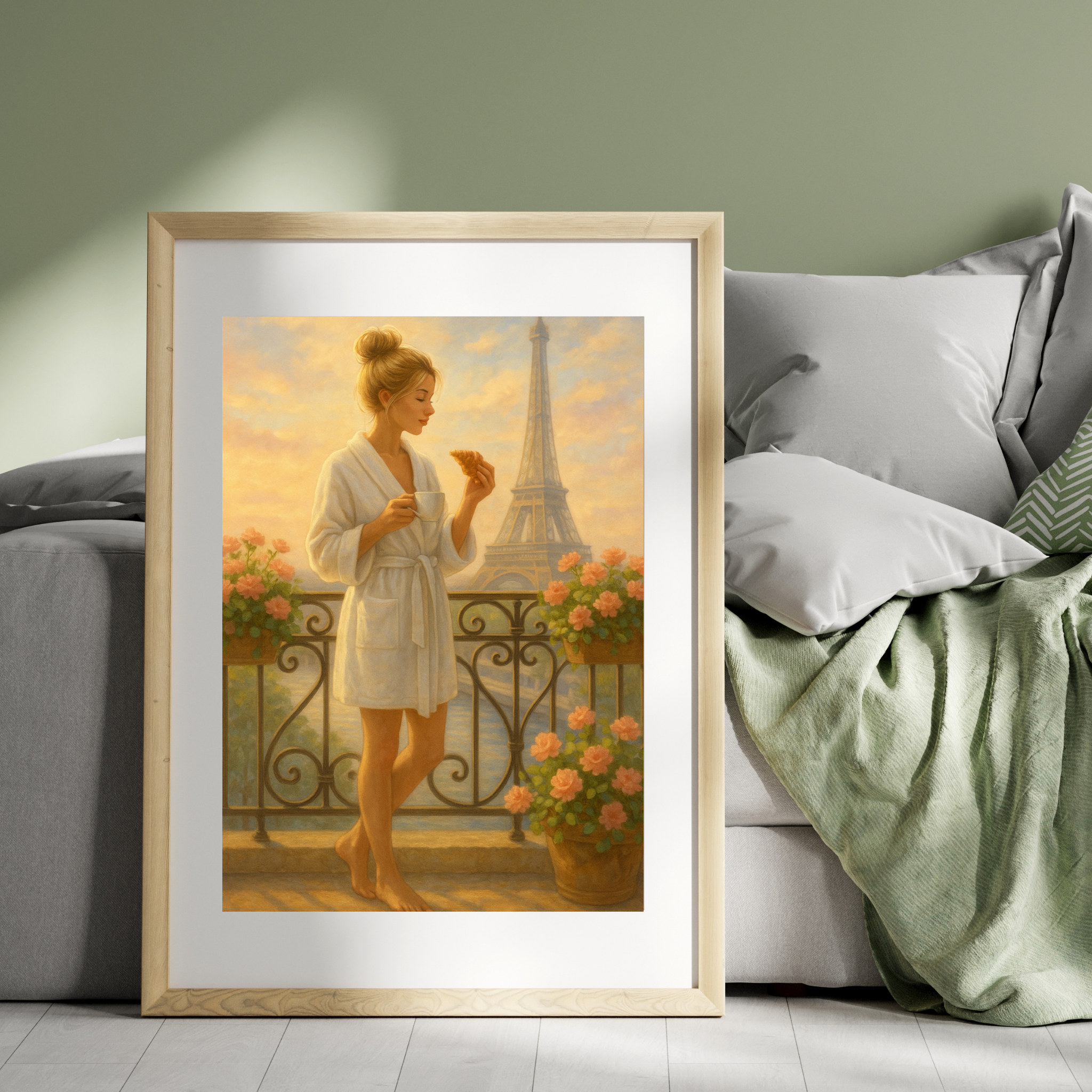 Framed artwork of a woman in a bathrobe by the Eiffel Tower in a living room setting.