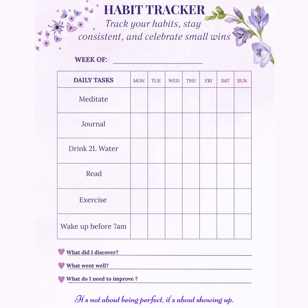 Habit tracker with daily tasks for a week, floral design, and motivational text on a purple background.
