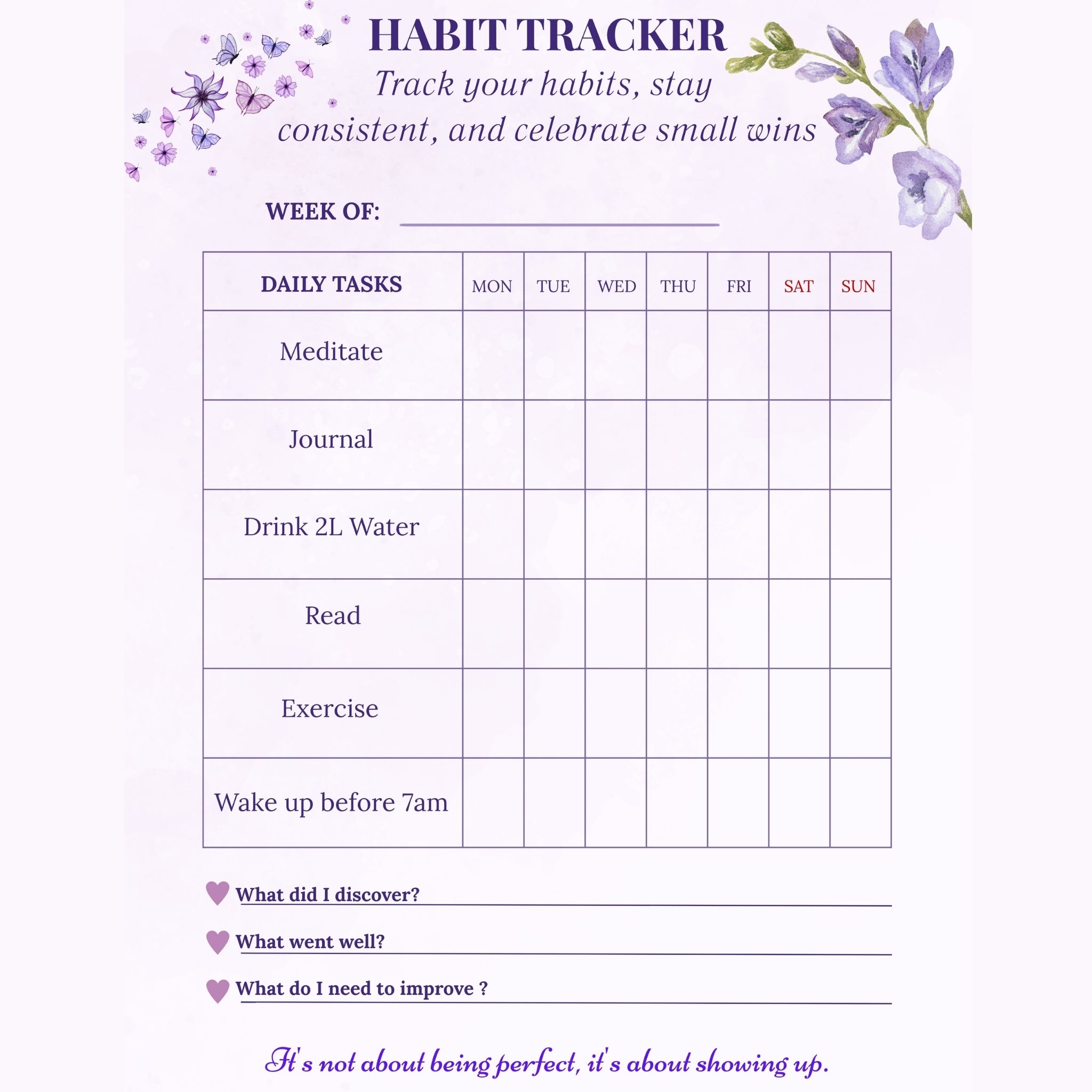 Habit tracker with daily tasks for a week, floral design, and motivational text on a purple background.