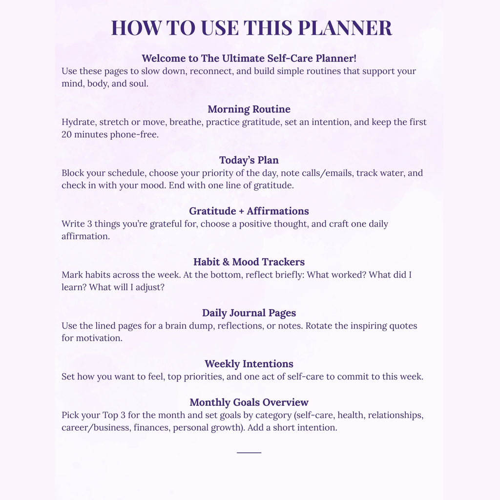 Instructions on how to use a self-care planner with various sections for daily activities and reflections.