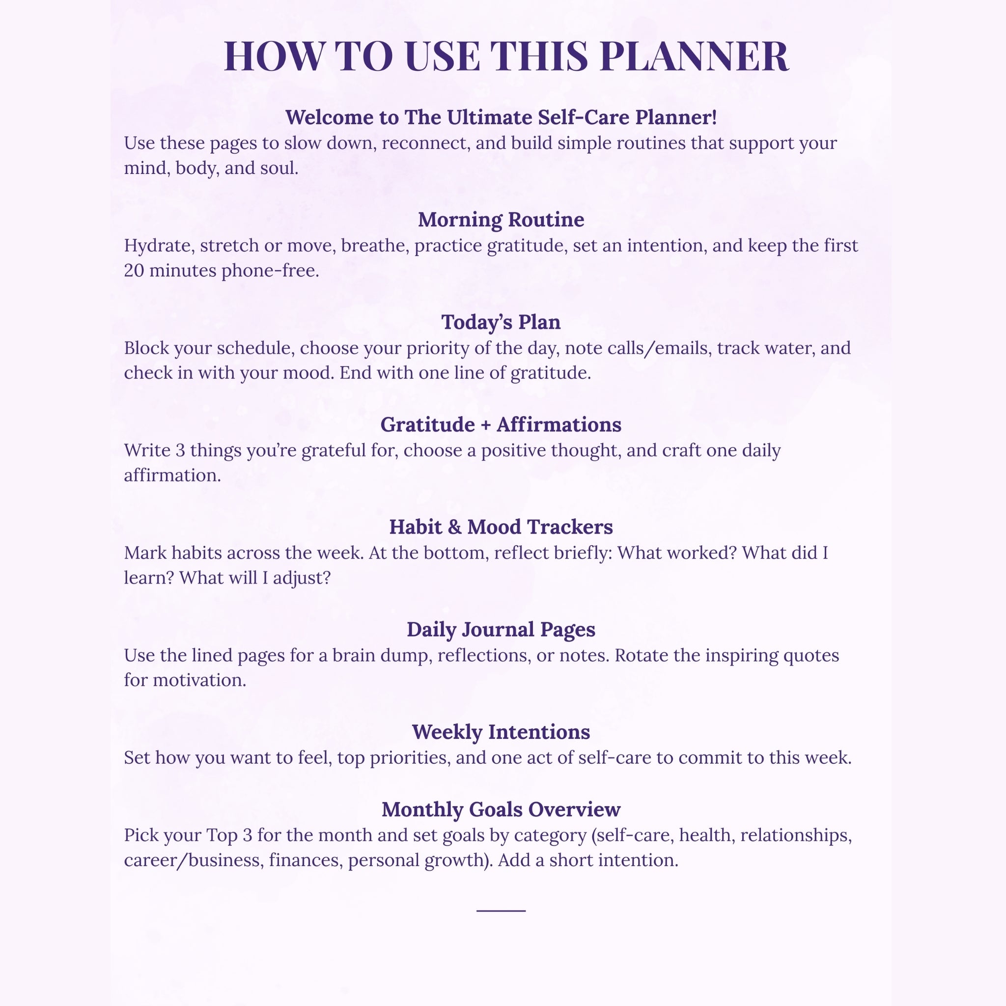 Instructions on how to use a self-care planner with various sections for daily activities and reflections.