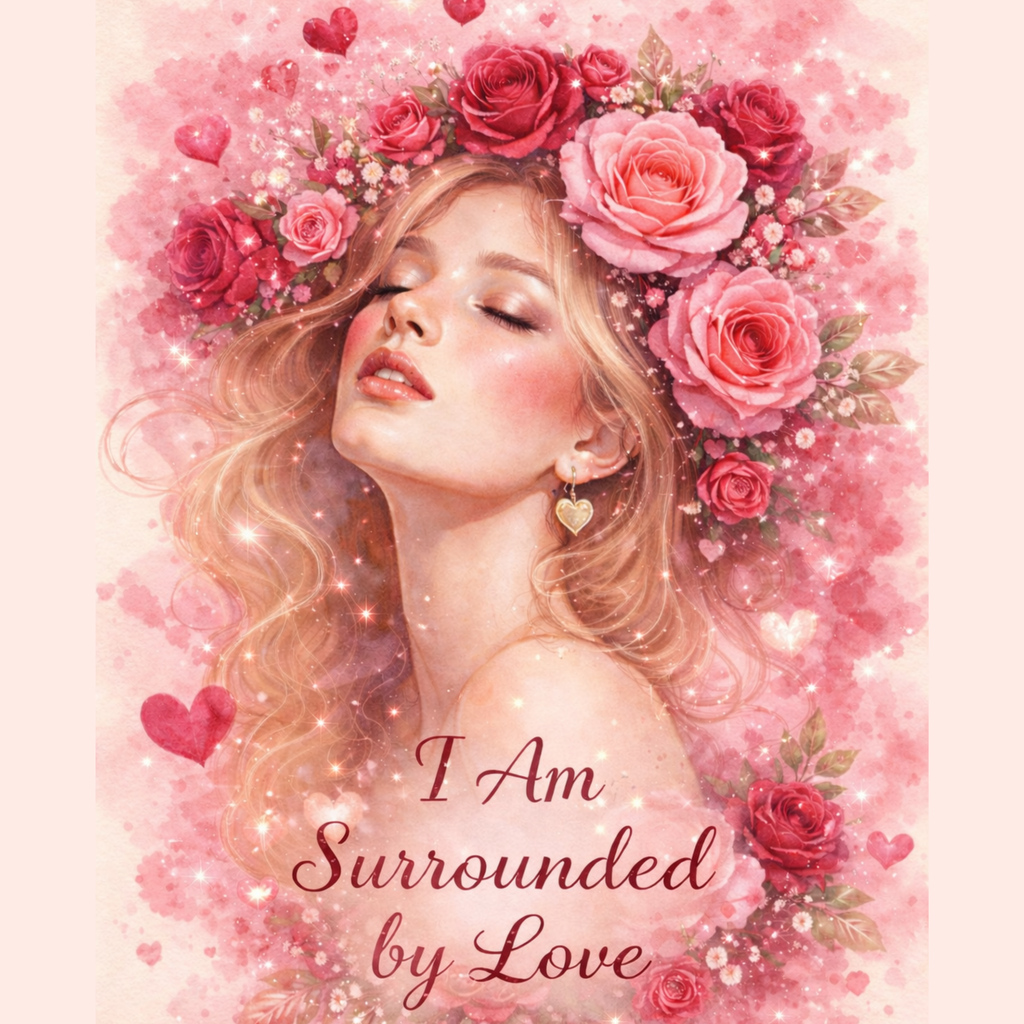 Woman with flowers in her hair and 'I Am Surrounded by Love' text on a pink background