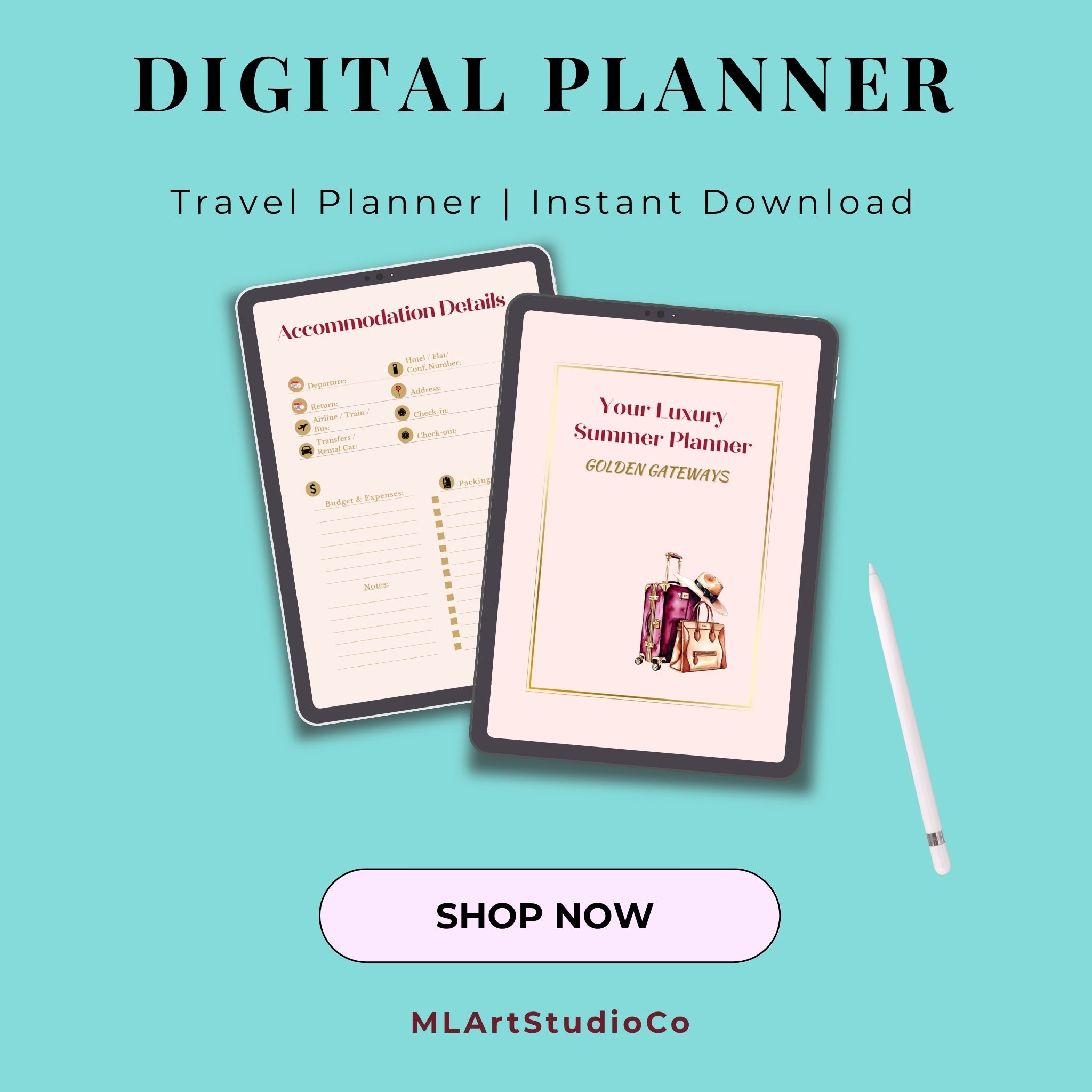 Digital Travel Planner PDF – Elegant Weekly Itinerary & Packing List PDF, Printable + Tablet Friendly