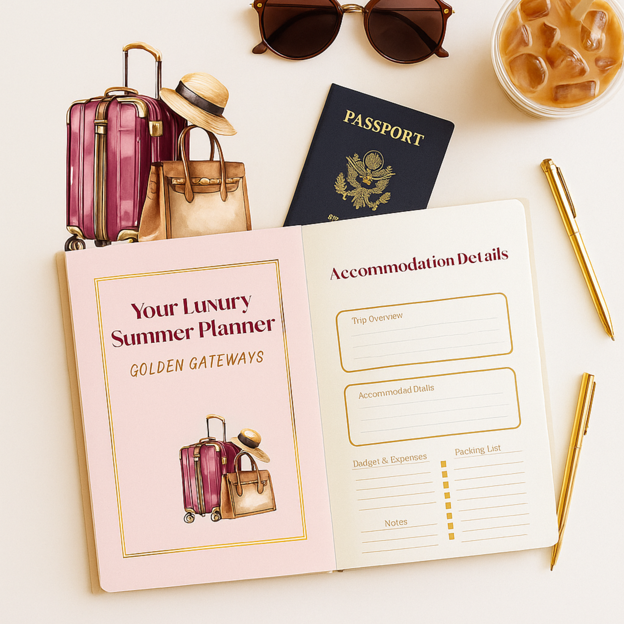 Digital Travel Planner PDF – Elegant Weekly Itinerary & Packing List PDF, Printable + Tablet Friendly