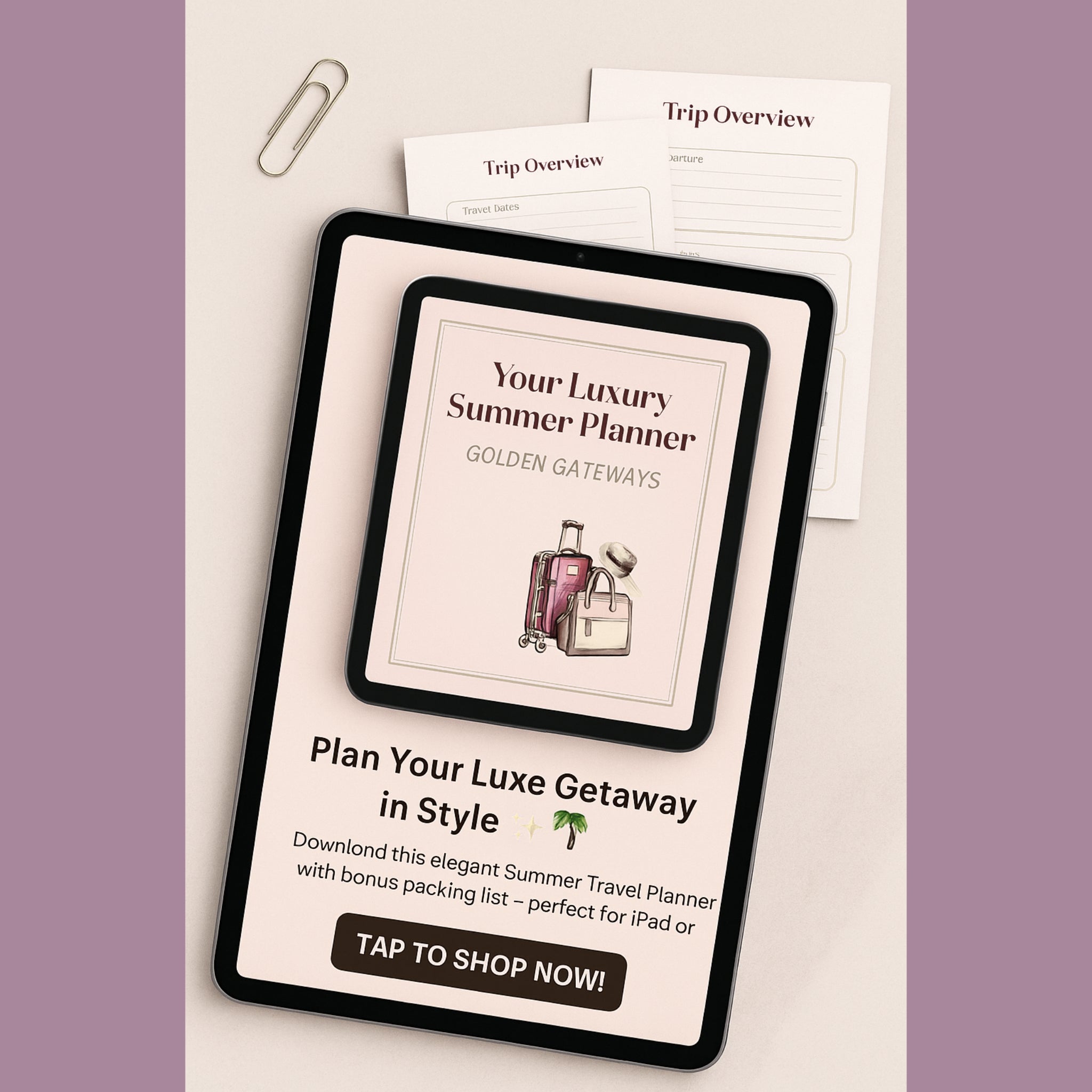 Digital Travel Planner PDF – Elegant Weekly Itinerary & Packing List PDF, Printable + Tablet Friendly