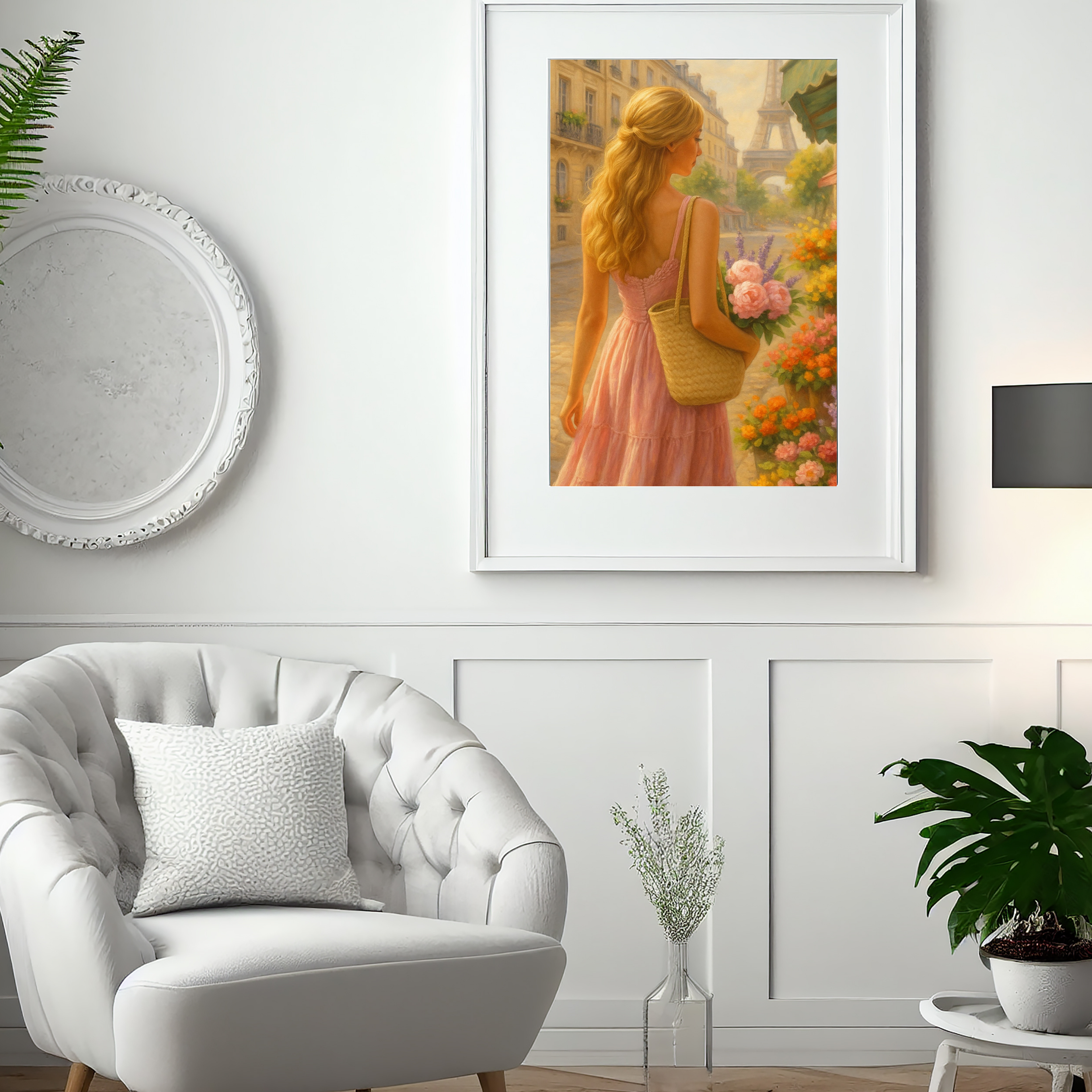 Paris Flower Market Wall Art – Blonde Woman in Pink Dress | Eiffel Tower Printable Decor