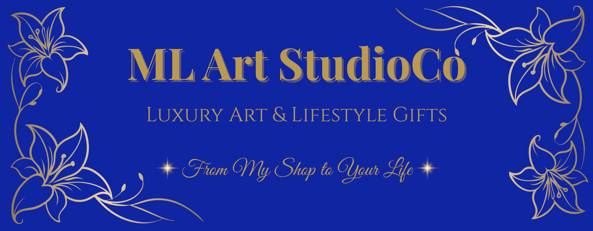 ML Art StudioCo logo with floral designs on a blue background