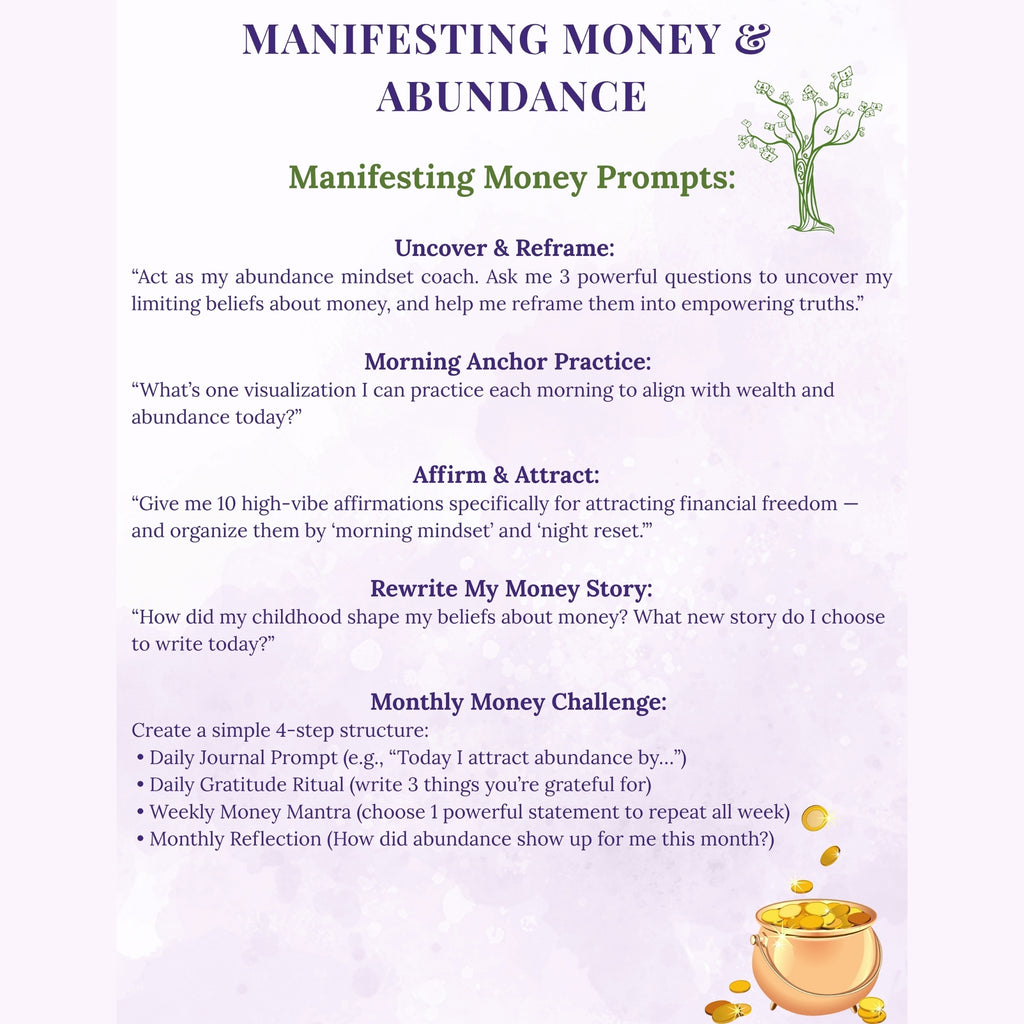 Manifesting Money & Abundance guide with prompts and practices on a white background