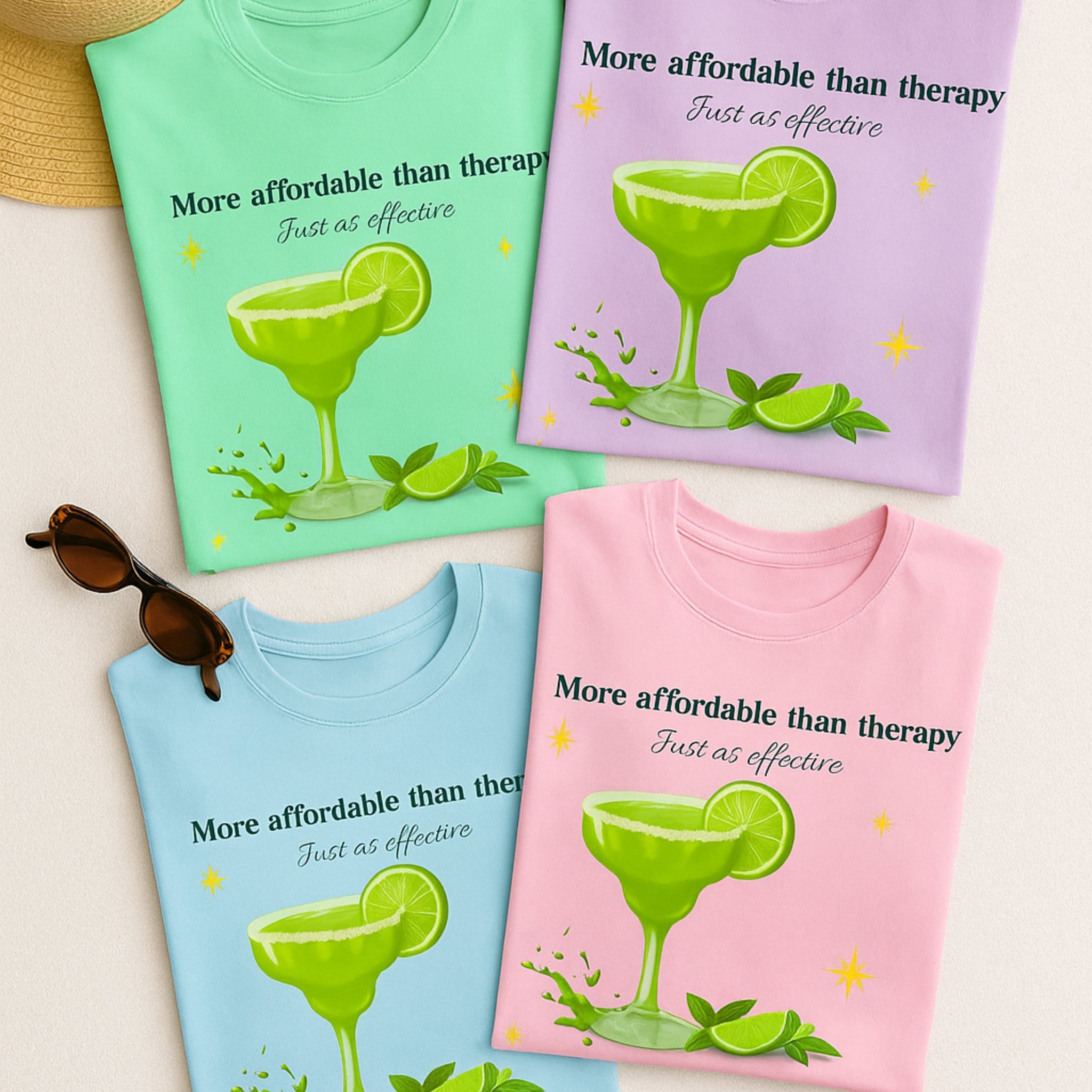 Four colorful t-shirts with drink graphics and text on a light background