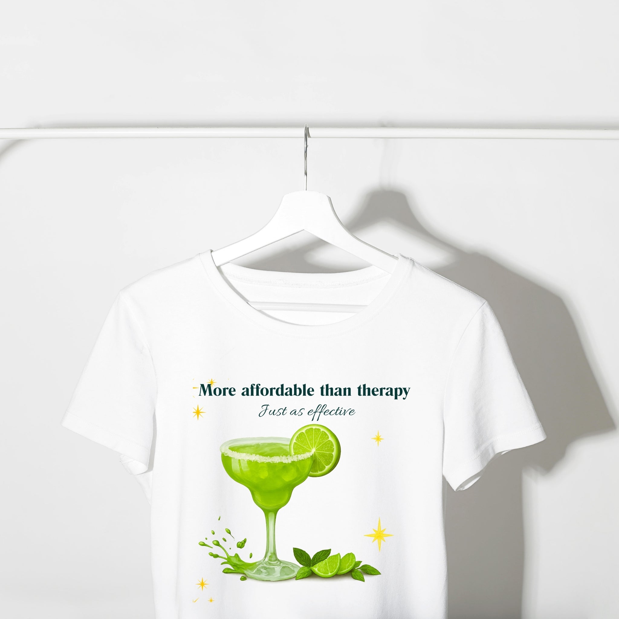 White t-shirt with a graphic of a margarita glass and text on a white background