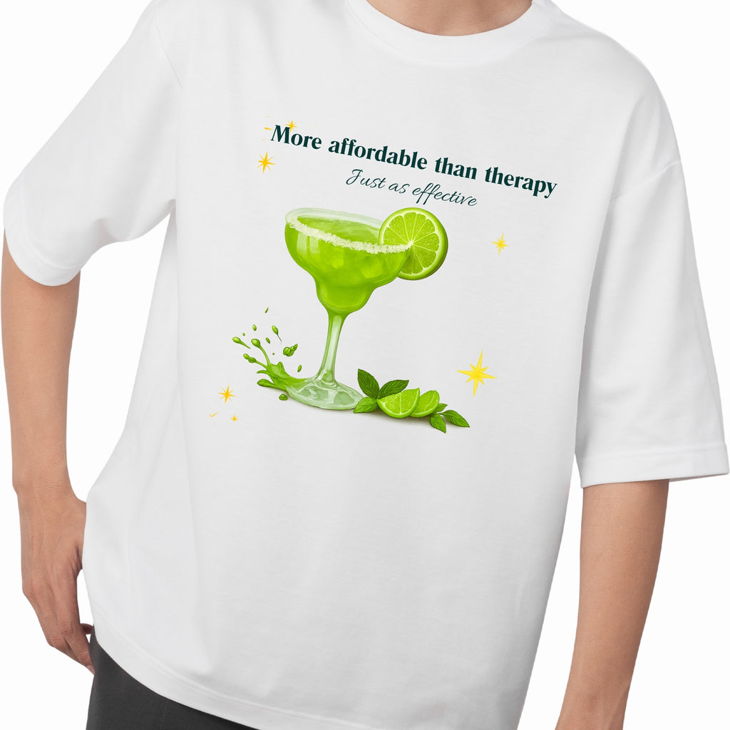 White t-shirt with a graphic of a margarita glass and text on a white background