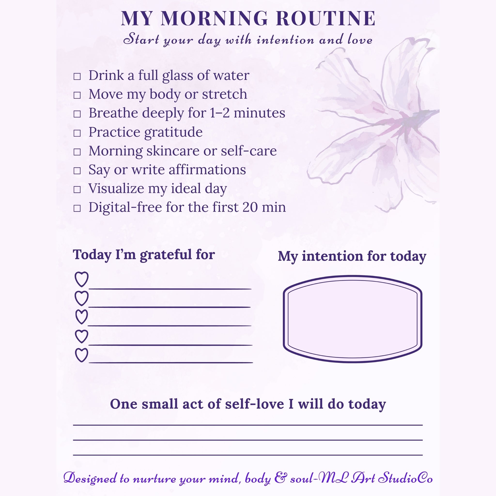 Morning routine checklist with gratitude and intention sections on a light purple background