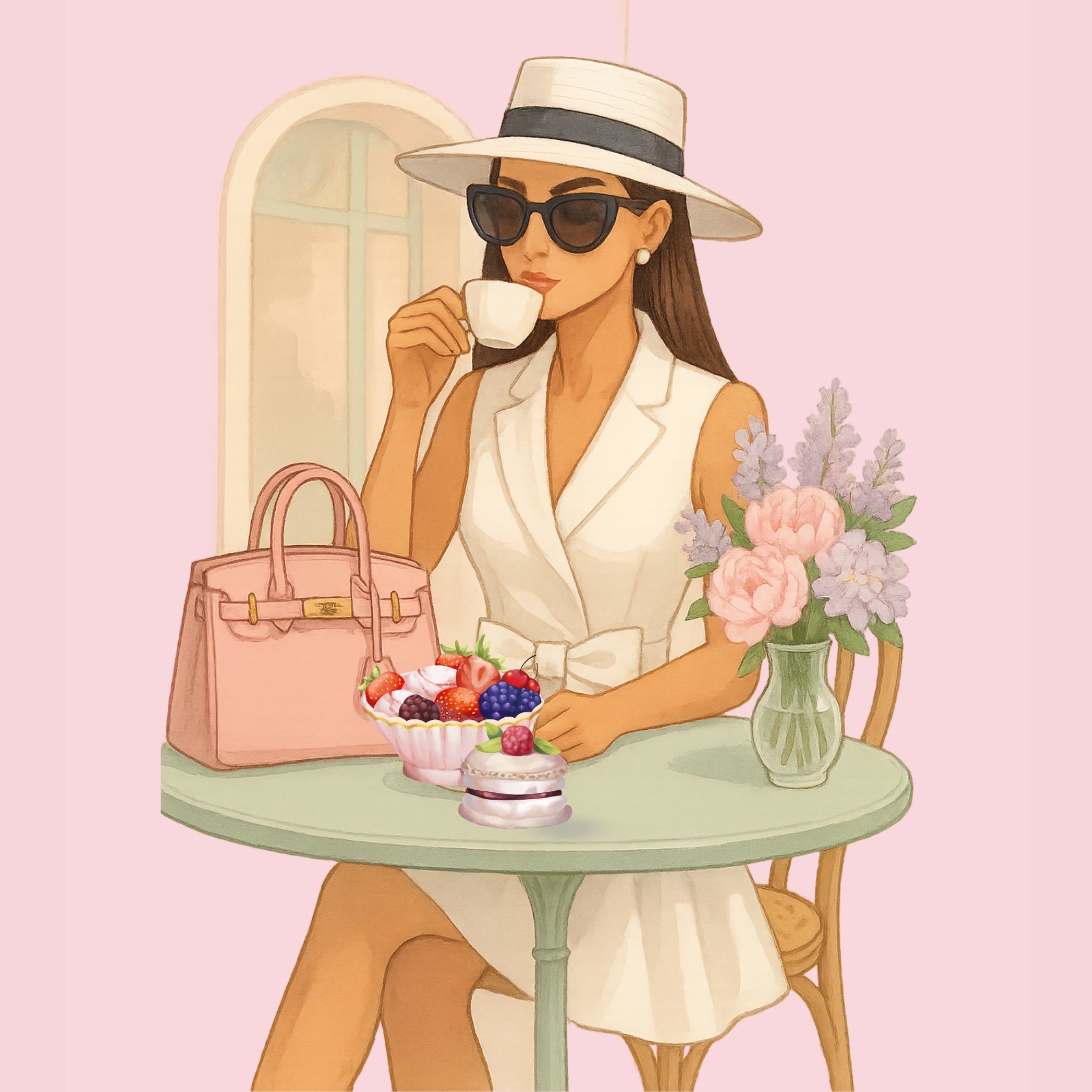 Parisian Chic Fashion Girl Illustration | Pink Outfit PNG Digital Download | Wall Art, Apparel, iPad & Notebook Design