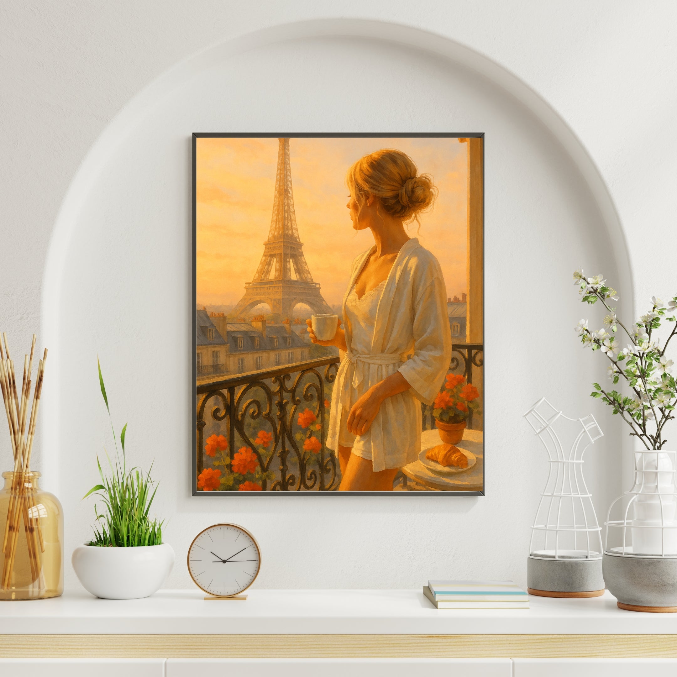 Parisian Morning Wall Art | Eiffel Tower View with Elegant Woman & Coffee | Digital Printable Art