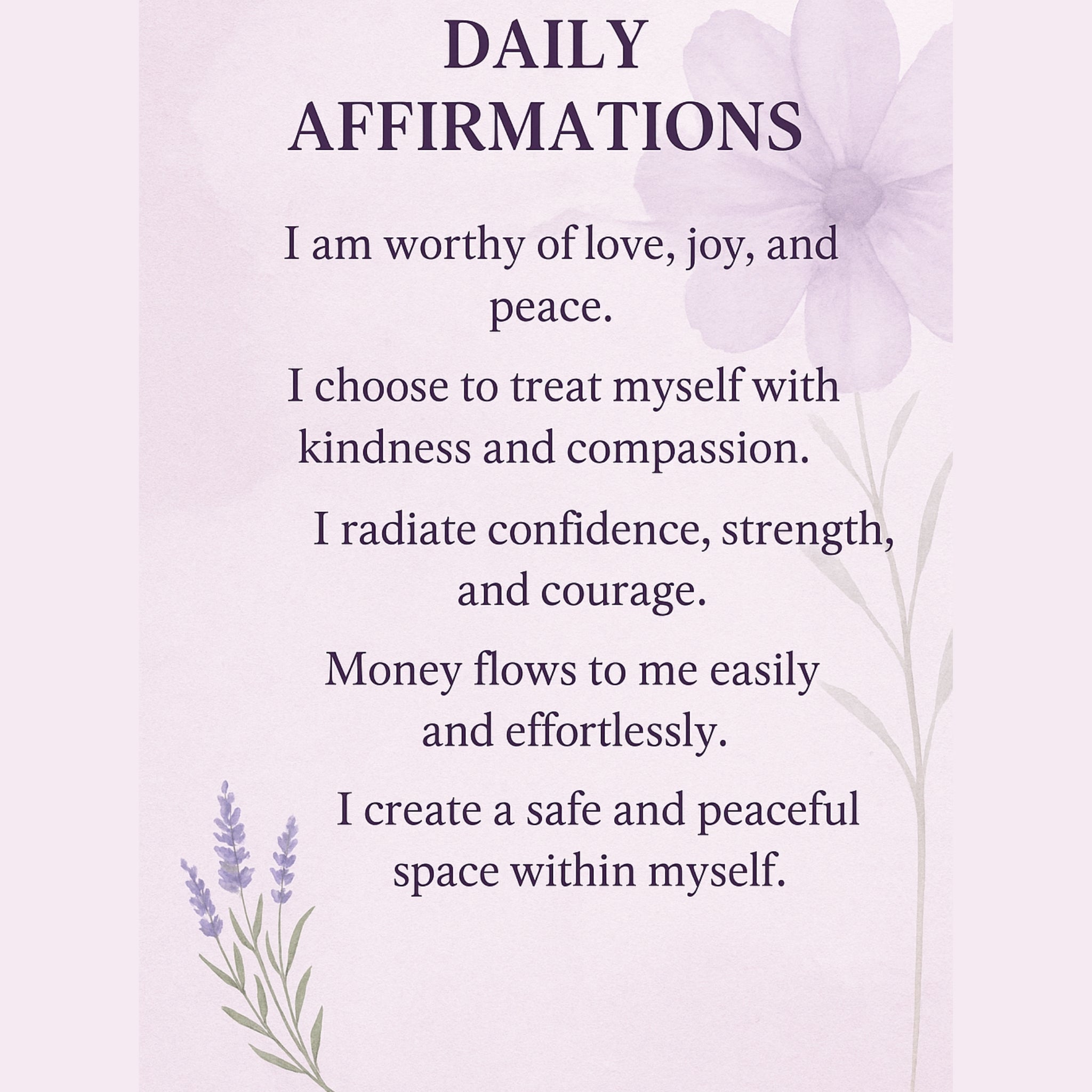 Daily affirmations text on a light pink background with floral elements