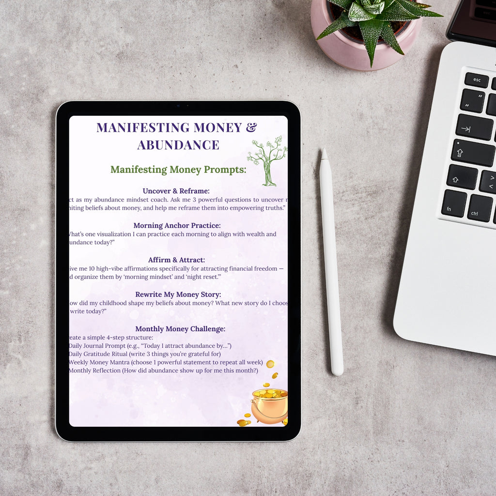 Tablet displaying a digital manifesting money guide on a desk with a laptop and plant.