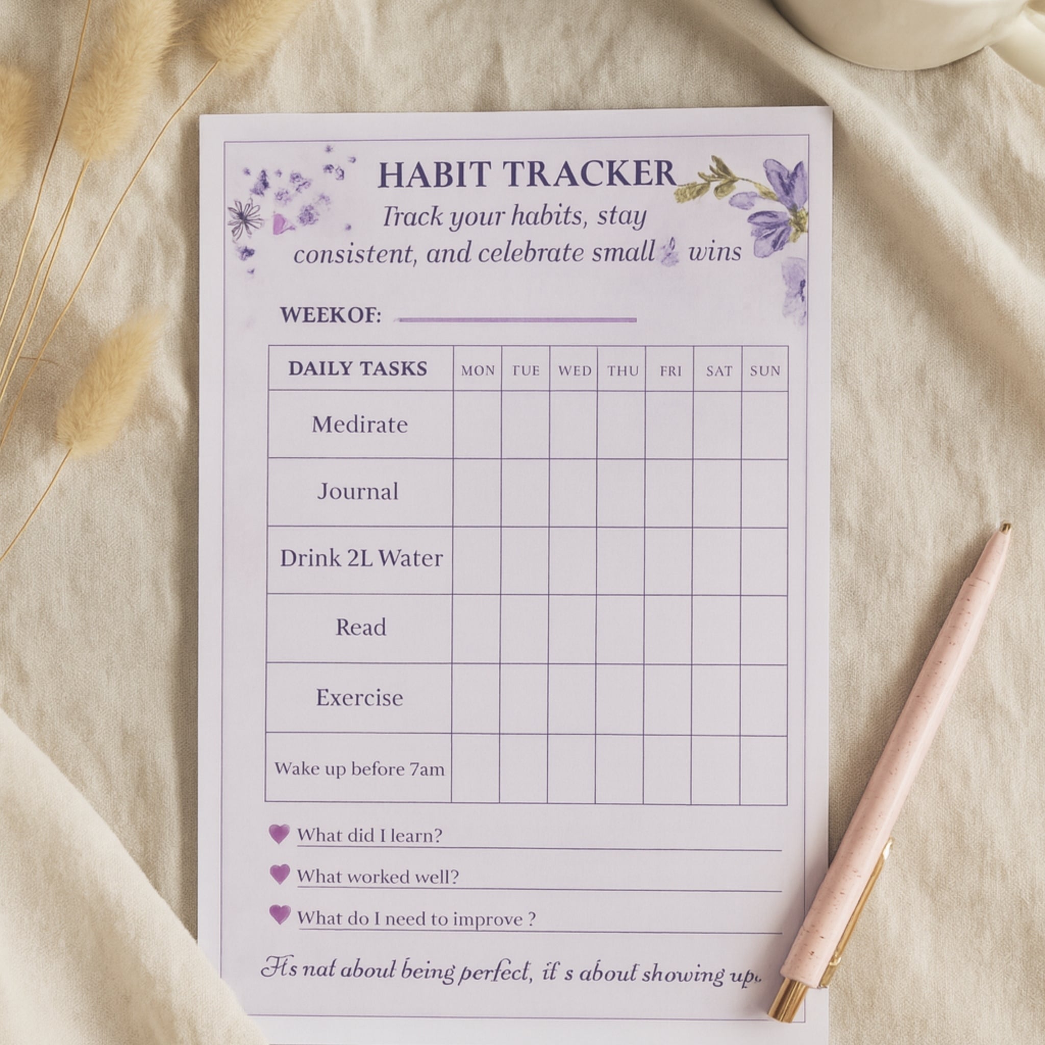 Habit tracker with daily tasks on a beige surface with a pen