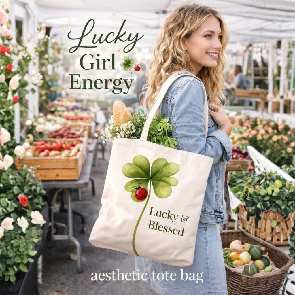 Lucky Girl Energy Tote Bag, Aesthetic Canvas Tote Bag, Cute Everyday Bag, Minimalist Ladybug Clover Tote