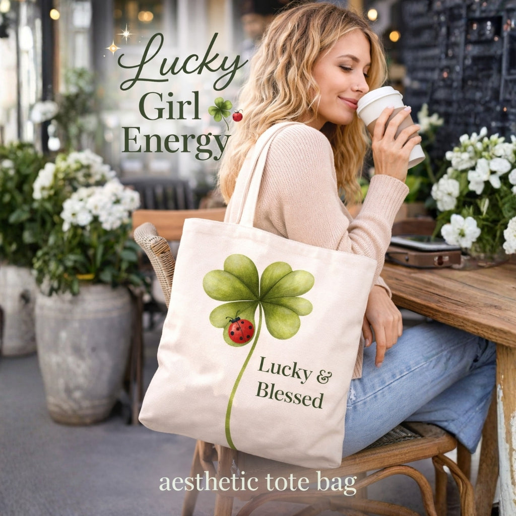 Lucky Girl Energy Tote Bag, Aesthetic Canvas Tote Bag, Cute Everyday Bag, Minimalist Ladybug Clover Tote