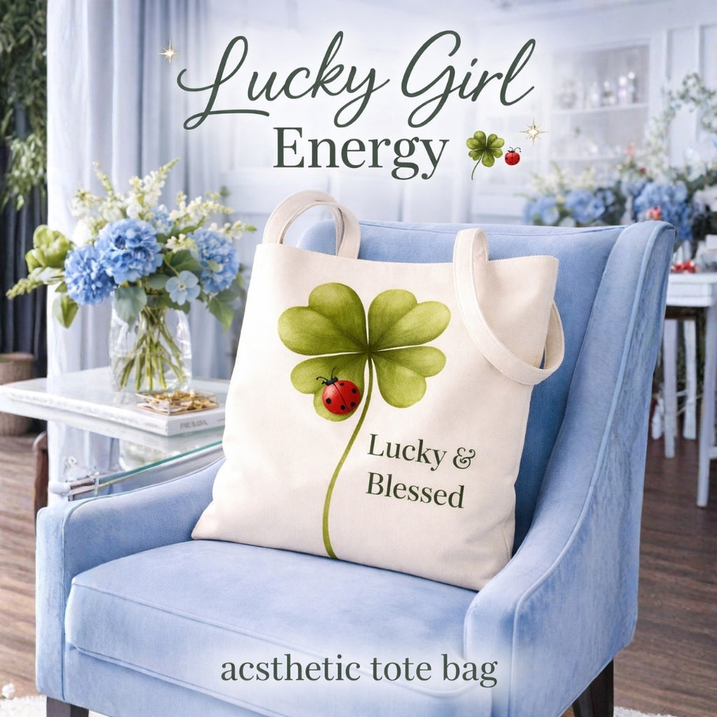 Lucky Girl Energy Tote Bag, Aesthetic Canvas Tote Bag, Cute Everyday Bag, Minimalist Ladybug Clover Tote