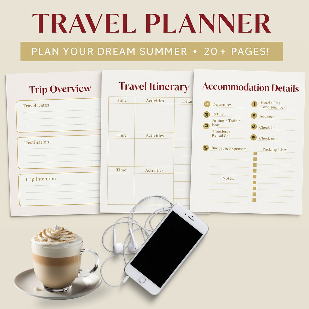 Digital Travel Planner PDF – Elegant Weekly Itinerary & Packing List PDF, Printable + Tablet Friendly