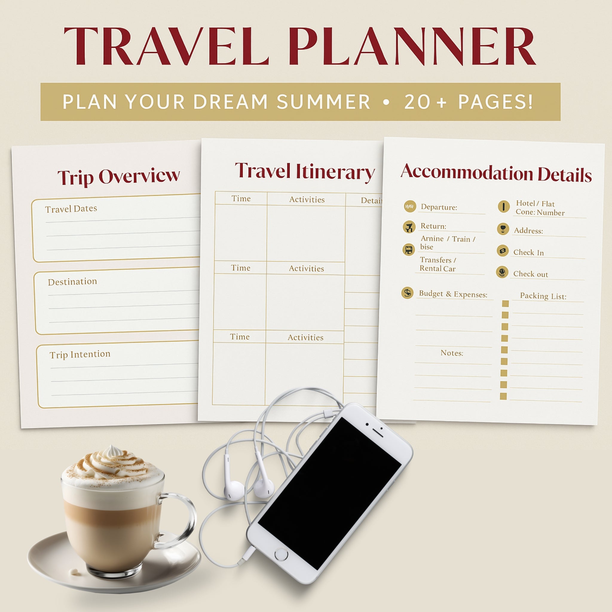 Digital Travel Planner PDF – Elegant Weekly Itinerary & Packing List PDF, Printable + Tablet Friendly