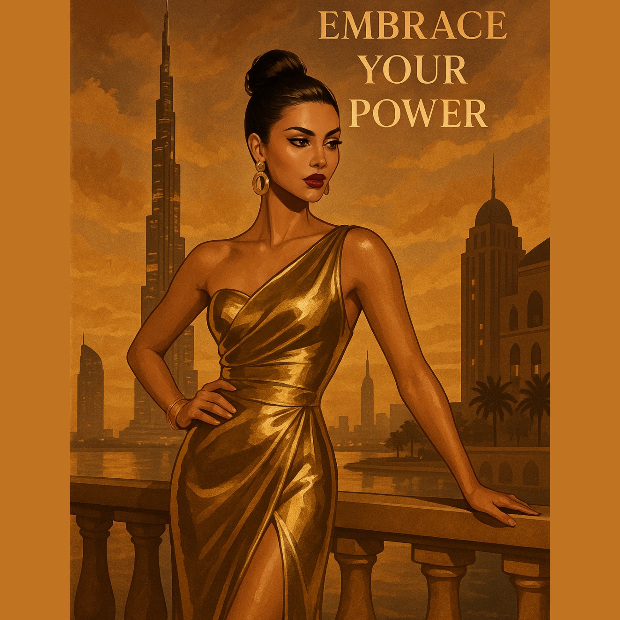 Elegant Woman in Gold Gown – Dubai Skyline Luxury Wall Art Printable, Empowering Quote Digital Download