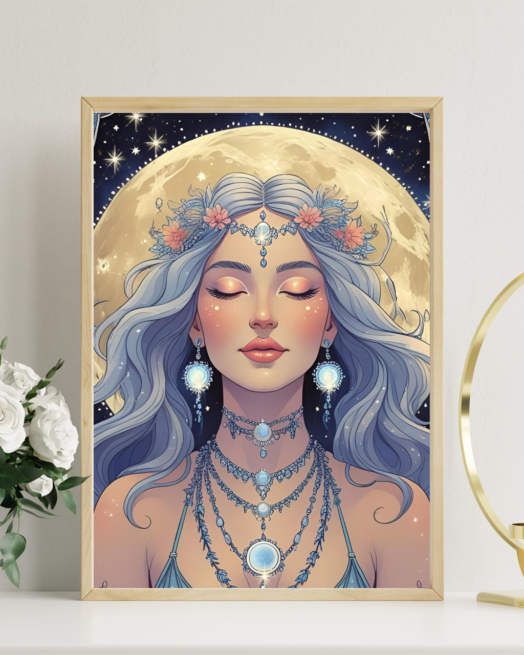 Moon Goddess Digital Wall Art – Mystical Celestial Portrait | Spiritual Printable for Modern Boho Decor