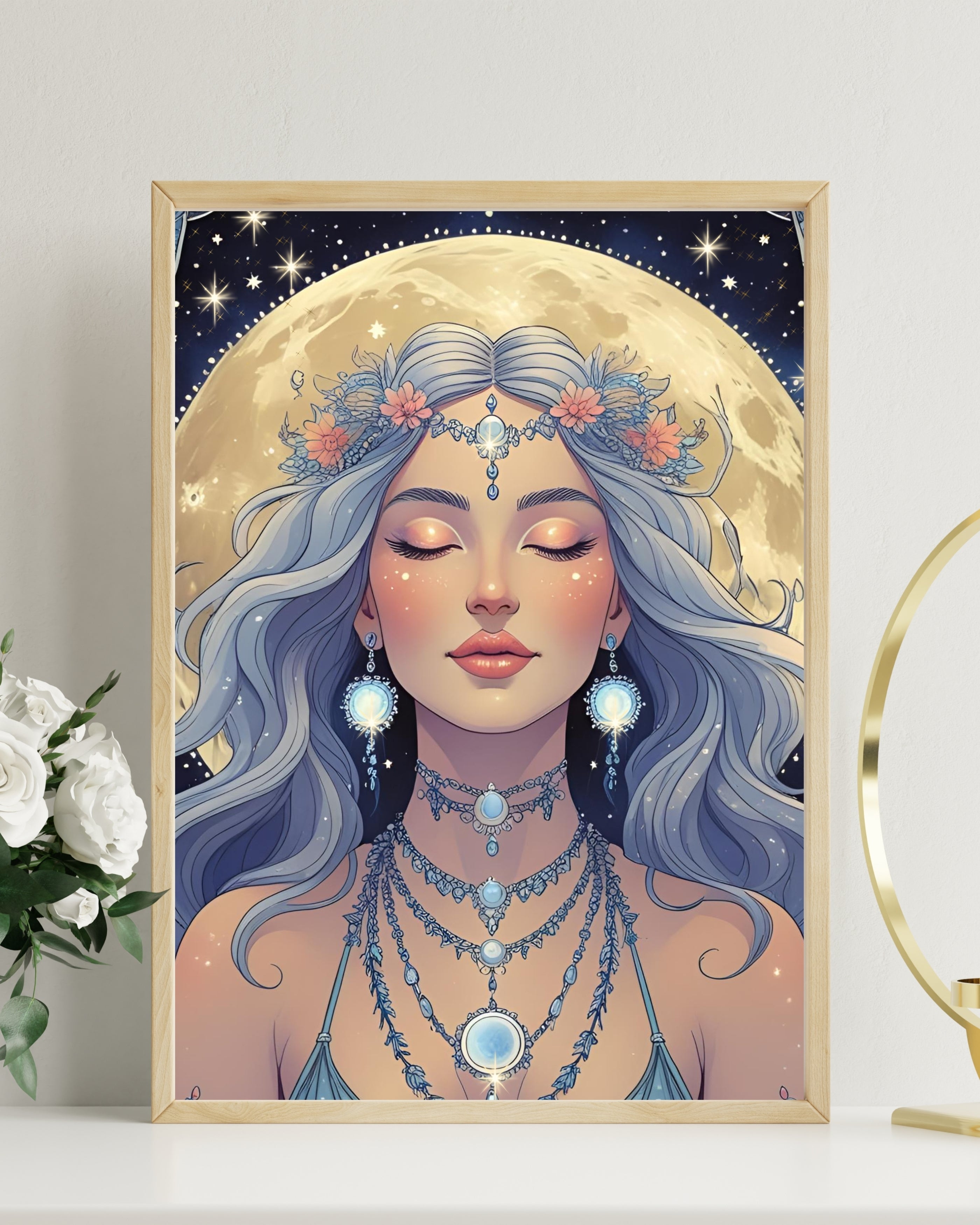 Moon Goddess Digital Wall Art – Mystical Celestial Portrait | Spiritual Printable for Modern Boho Decor