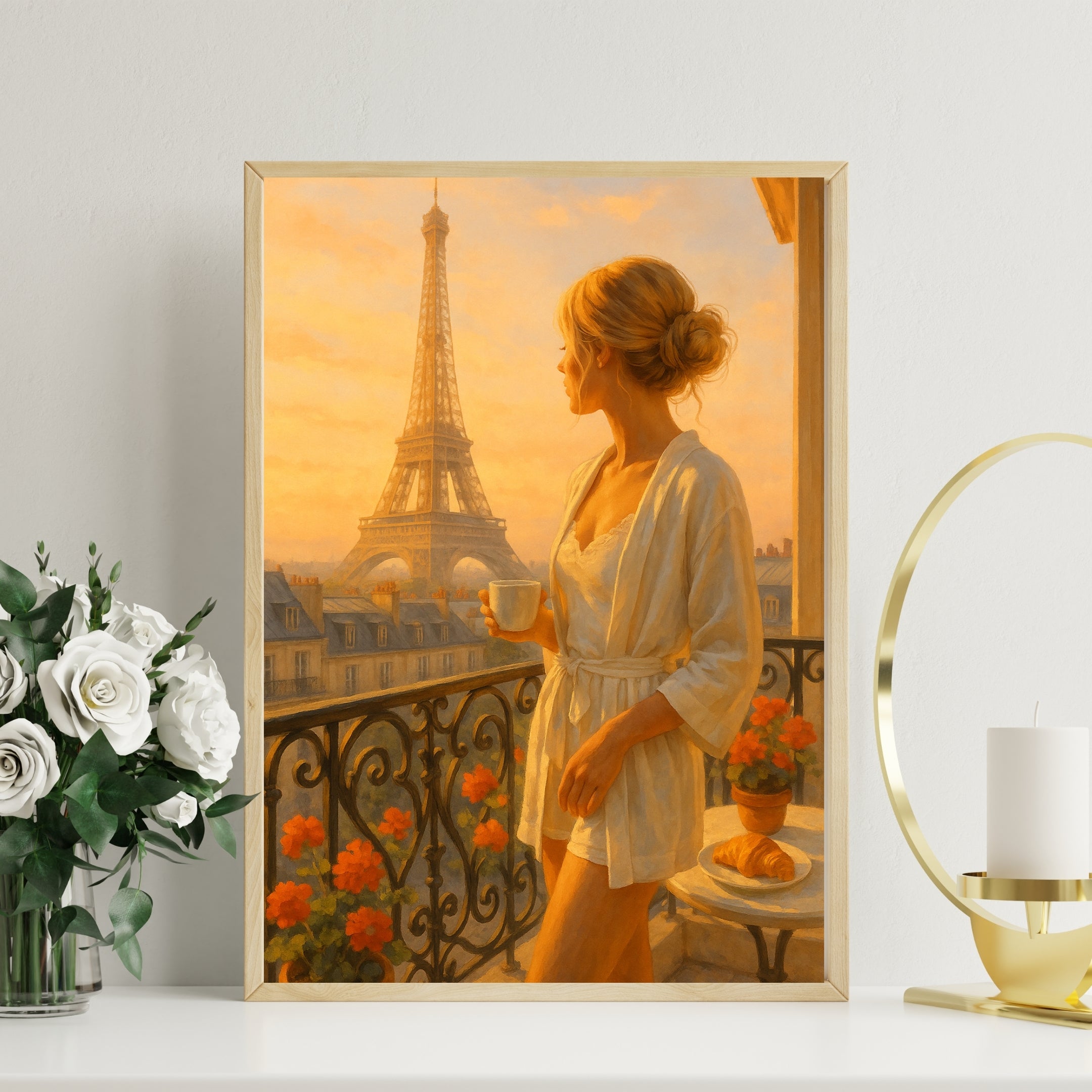 Parisian Morning Wall Art | Eiffel Tower View with Elegant Woman & Coffee | Digital Printable Art