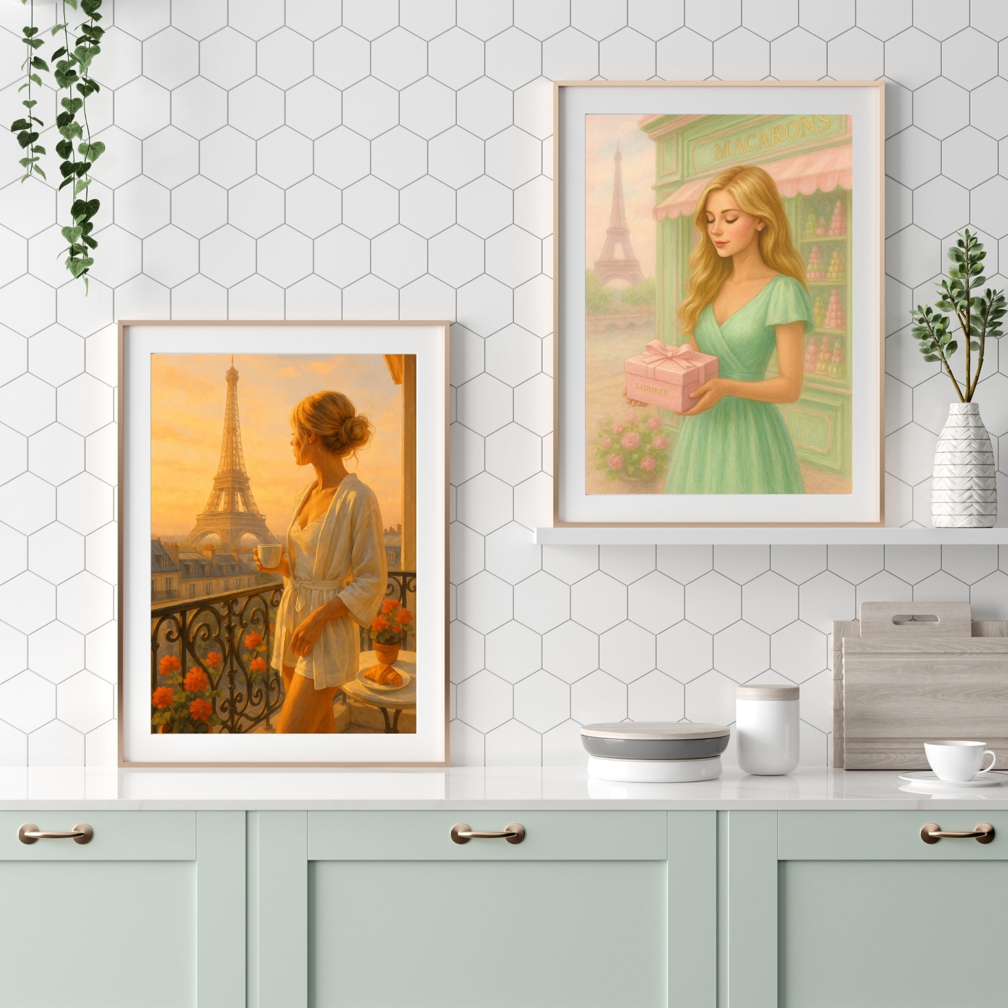 Paris Fashion Wall Art – Blonde Woman with Gift Box | Eiffel Tower Printable | Feminine Room Decor