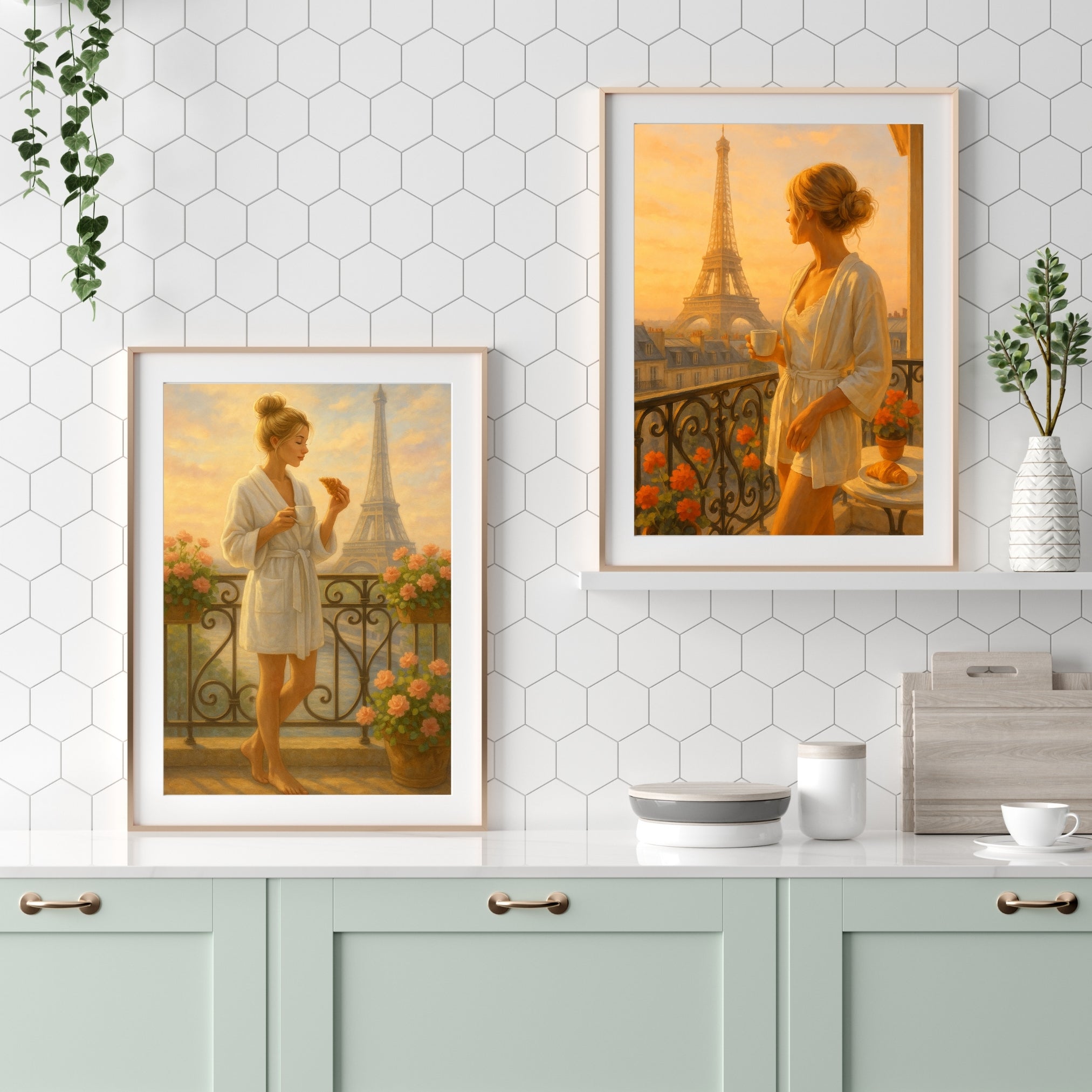 Paris Balcony Wall Art – Elegant Blonde Woman in White Robe with Coffee & Croissant | Eiffel Tower Sunrise Printable